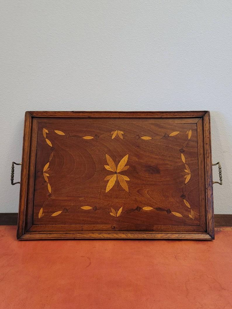 Brass Large 19th Century English Mahogany Marquetry Decorative Serving Tray