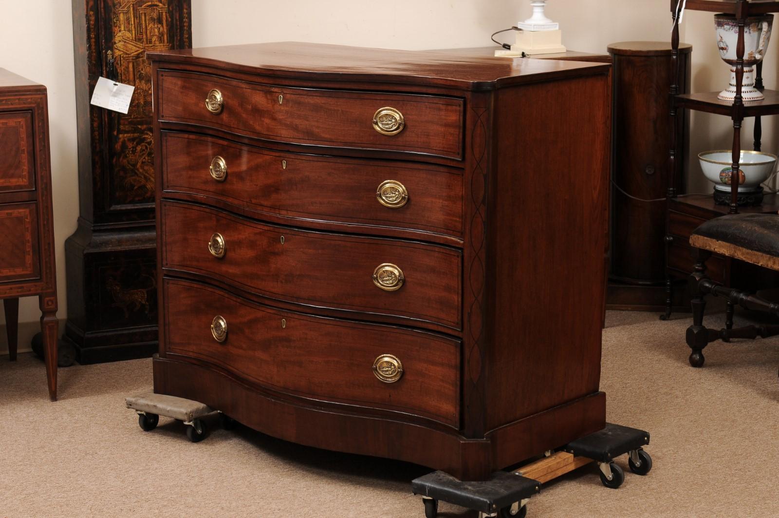 Large 19th Century English Mahogany Serpentine Chest with Ebonized String Inlay For Sale 9