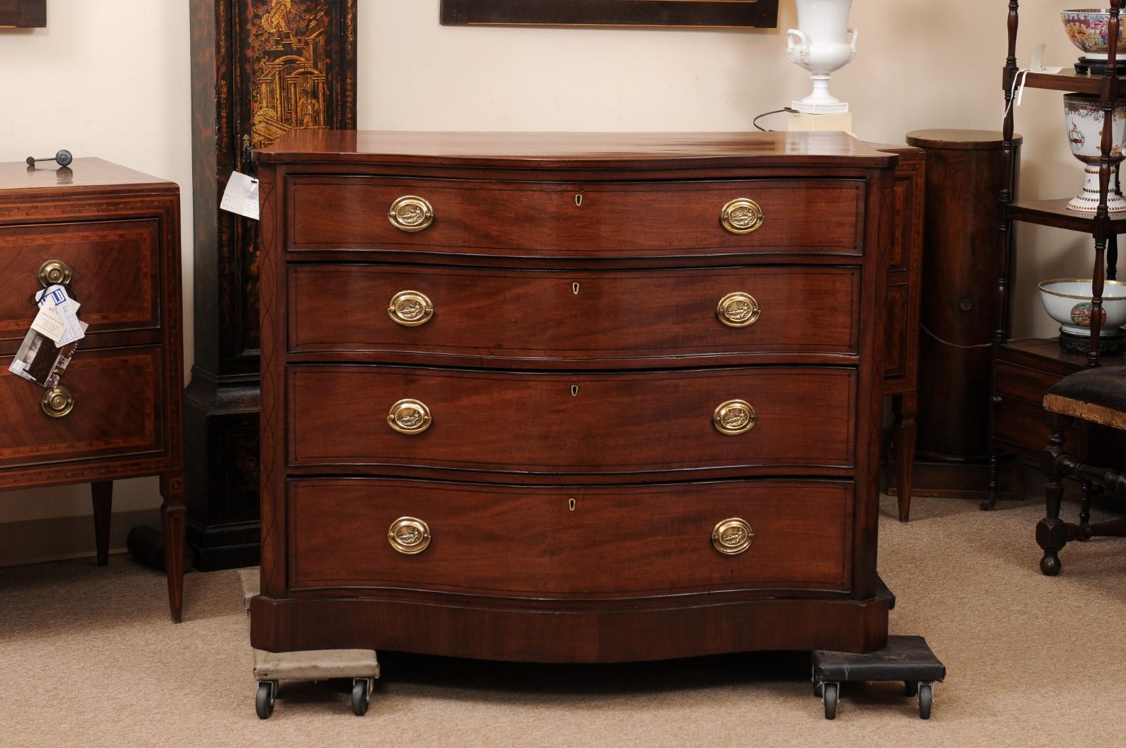 Large 19th Century English Mahogany Serpentine Chest with Ebonized String Inlay For Sale 10