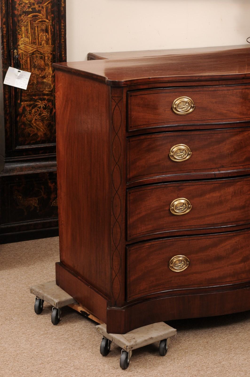 Large 19th Century English Mahogany Serpentine Chest with Ebonized String Inlay For Sale 1