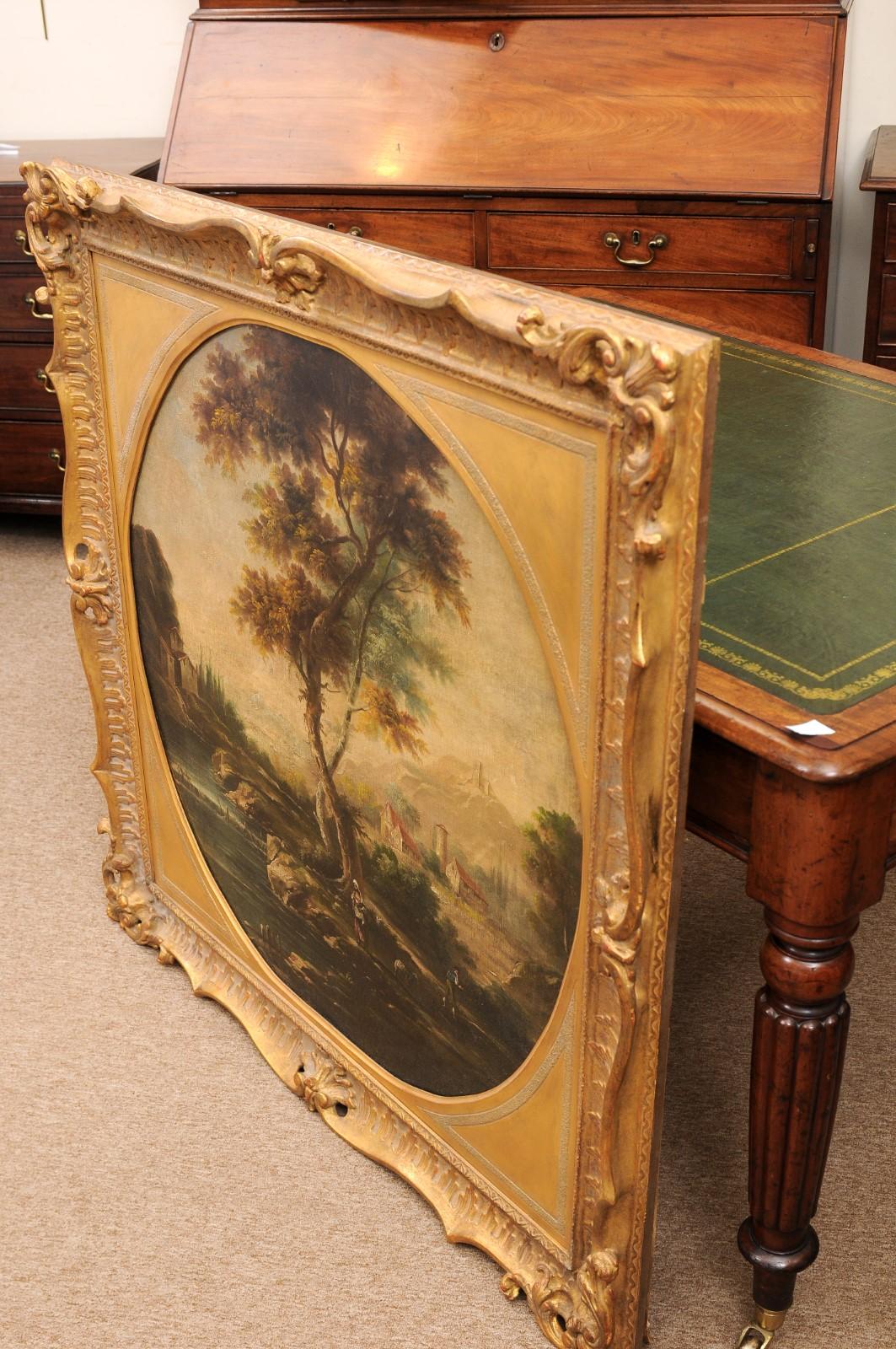 Grande peinture à l'huile sur toile anglaise du 19ème siècle représentant un paysage, dans un cadre doré en vente 5