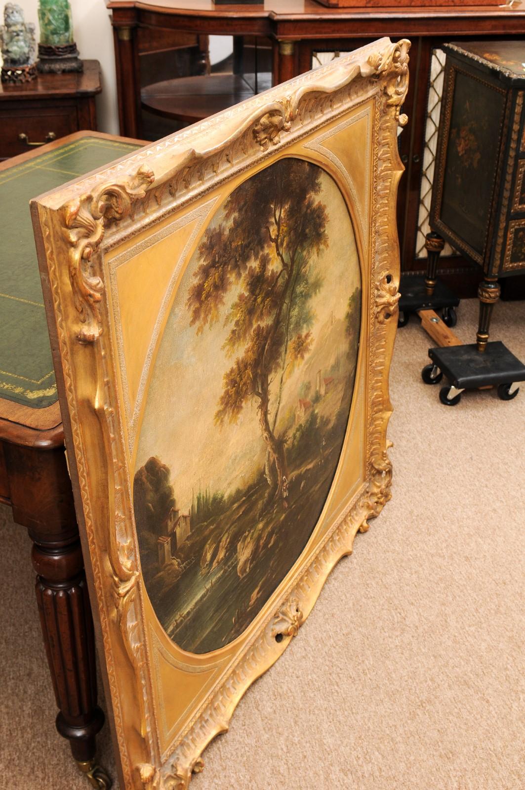 Grande peinture à l'huile sur toile anglaise du 19ème siècle représentant un paysage, dans un cadre doré en vente 6