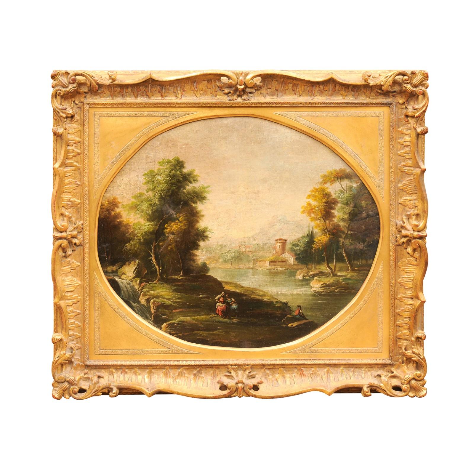 Grande peinture à l'huile sur toile anglaise du 19ème siècle représentant un paysage, dans un cadre doré
