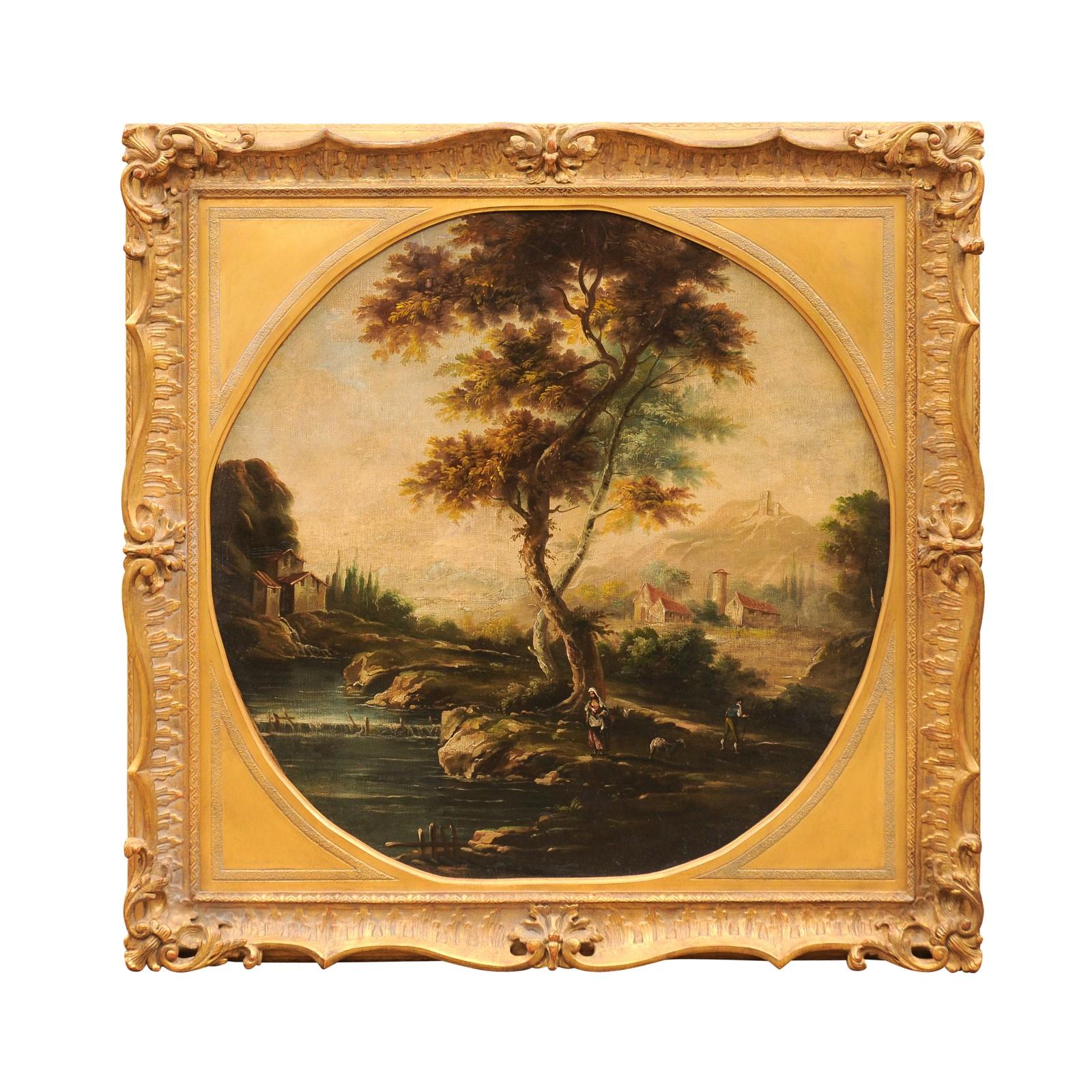 Anglais Grande peinture à l'huile sur toile anglaise du 19ème siècle représentant un paysage, dans un cadre doré en vente
