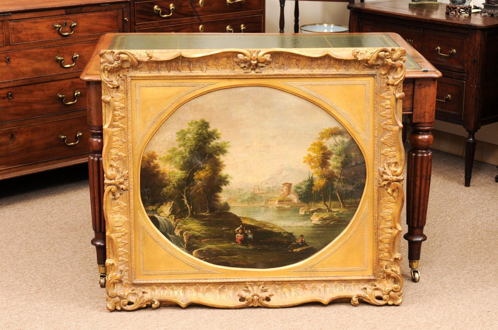 Anglais Grande peinture à l'huile sur toile anglaise du 19ème siècle représentant un paysage, dans un cadre doré en vente
