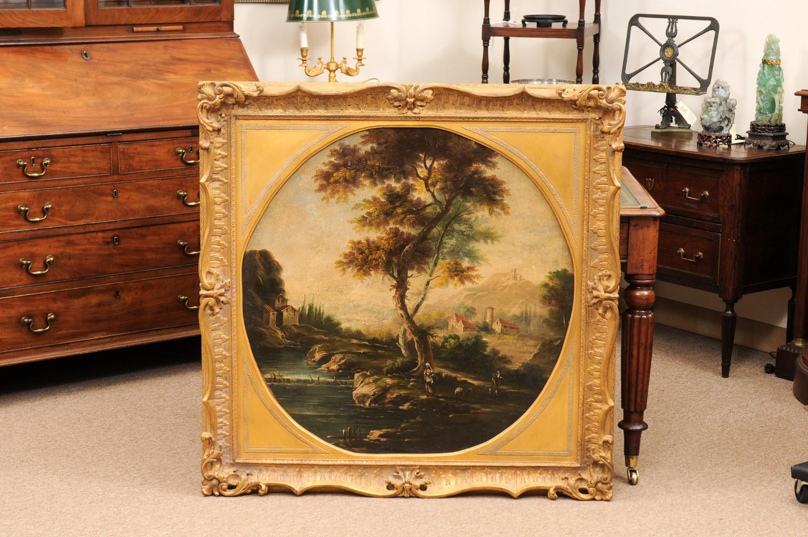 Grande peinture à l'huile sur toile anglaise du 19ème siècle représentant un paysage, dans un cadre doré Bon état - En vente à Atlanta, GA