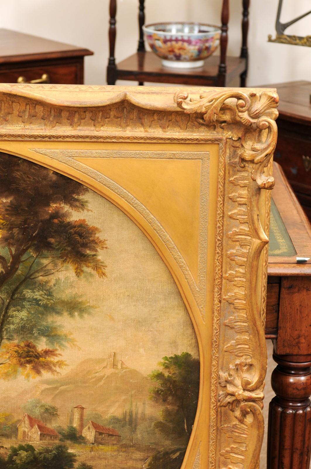 Grande peinture à l'huile sur toile anglaise du 19ème siècle représentant un paysage, dans un cadre doré en vente 1