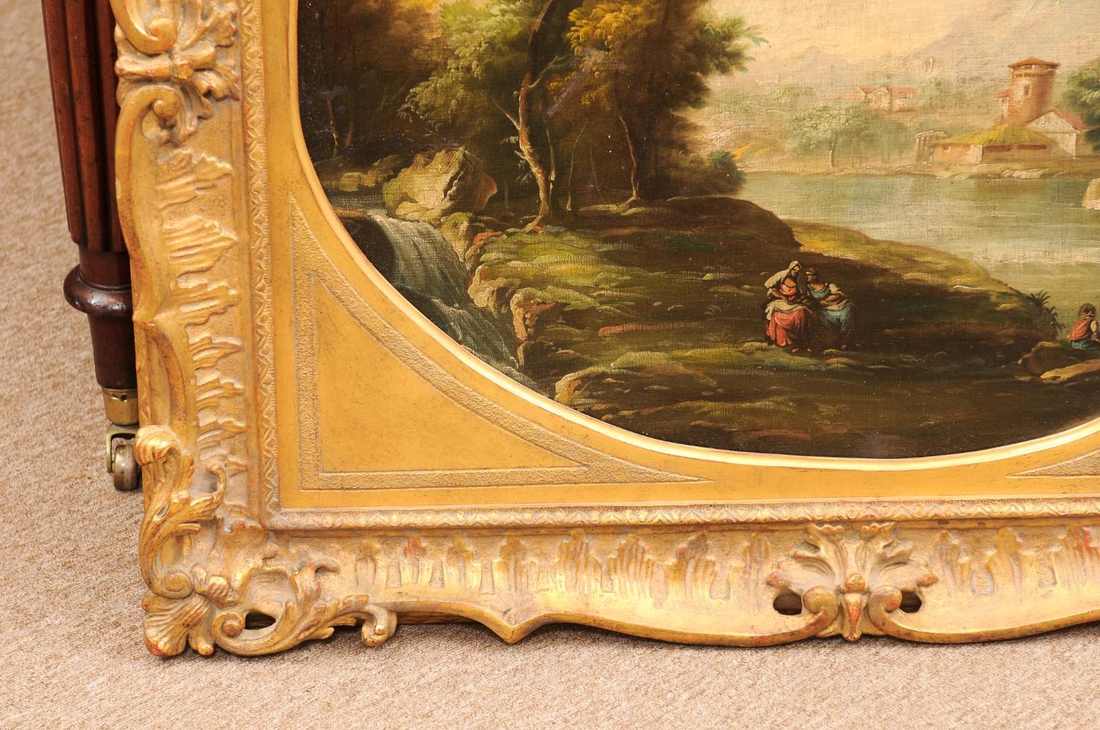 Grande peinture à l'huile sur toile anglaise du 19ème siècle représentant un paysage, dans un cadre doré en vente 2