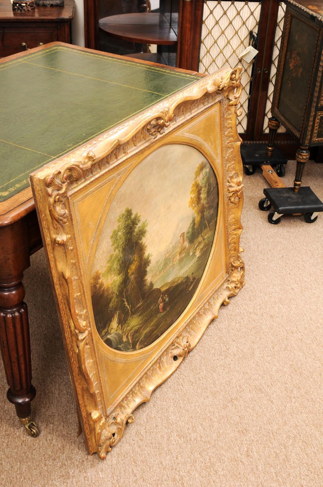 Grande peinture à l'huile sur toile anglaise du 19ème siècle représentant un paysage, dans un cadre doré en vente 3