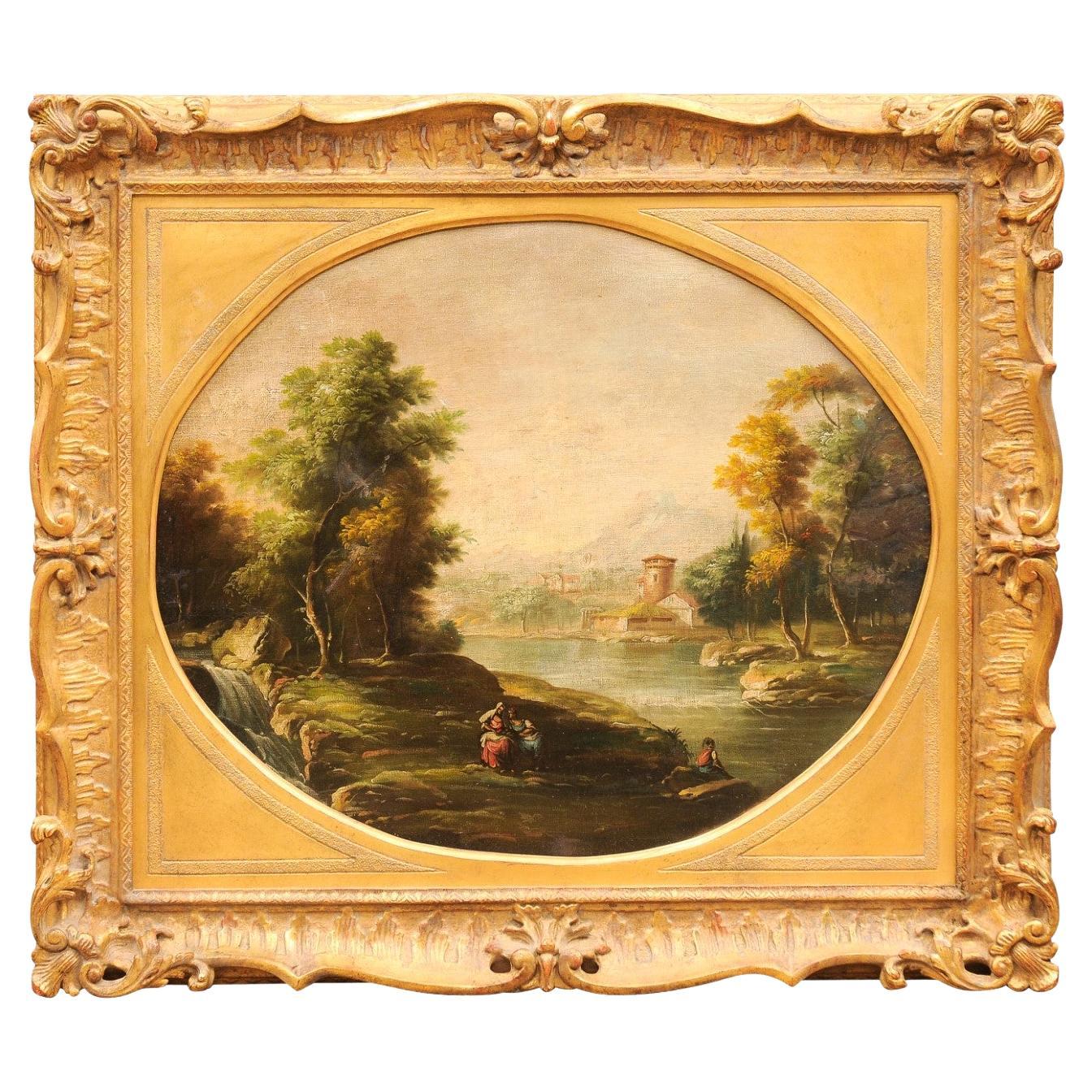 Großes englisches Ölgemälde auf Leinwand, Landschaftsgemälde in vergoldetem Rahmen, 19. Jahrhundert