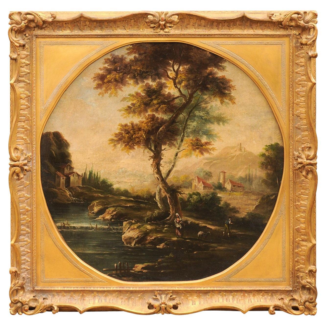 Grande peinture à l'huile sur toile anglaise du 19ème siècle représentant un paysage, dans un cadre doré en vente