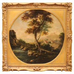 Grande peinture à l'huile sur toile anglaise du 19ème siècle représentant un paysage, dans un cadre doré