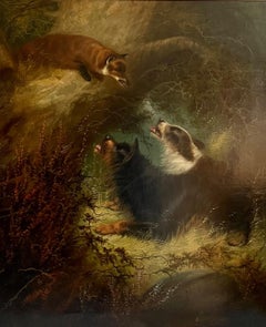 Large 19th Century English Oil Painting, Dogs Hunt Fox Signed Edward Armfield
