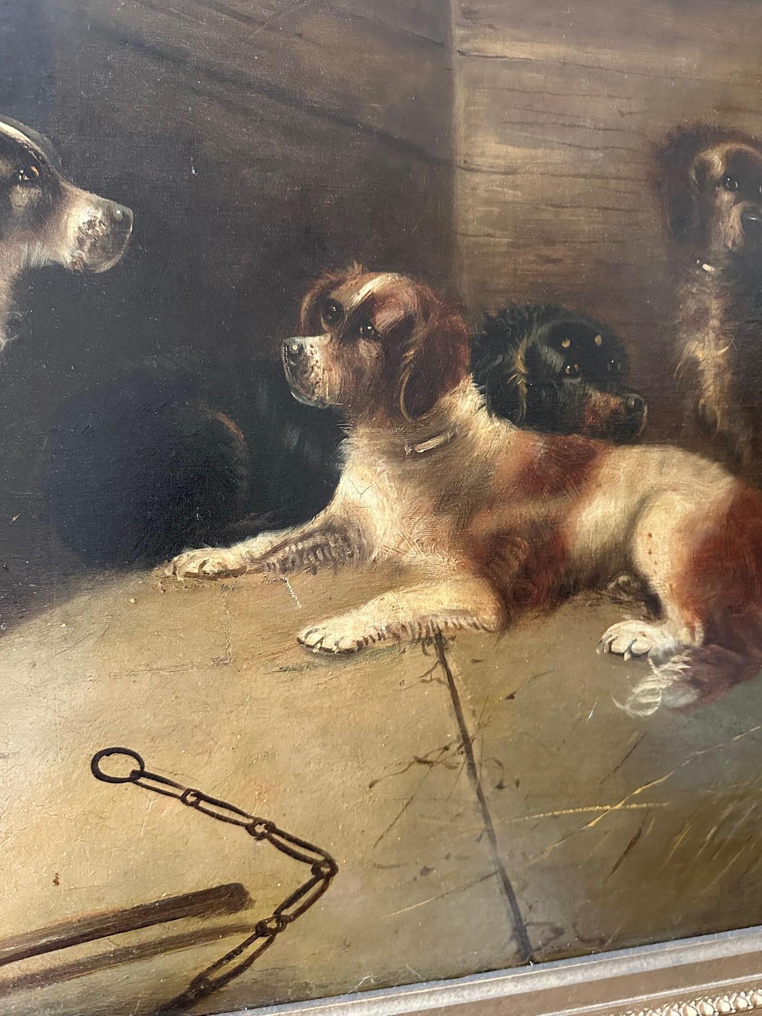 Grande peinture à l'huile anglaise du 19e siècle - Cinq chiens de chasse - signée E. Armfield. en vente 4