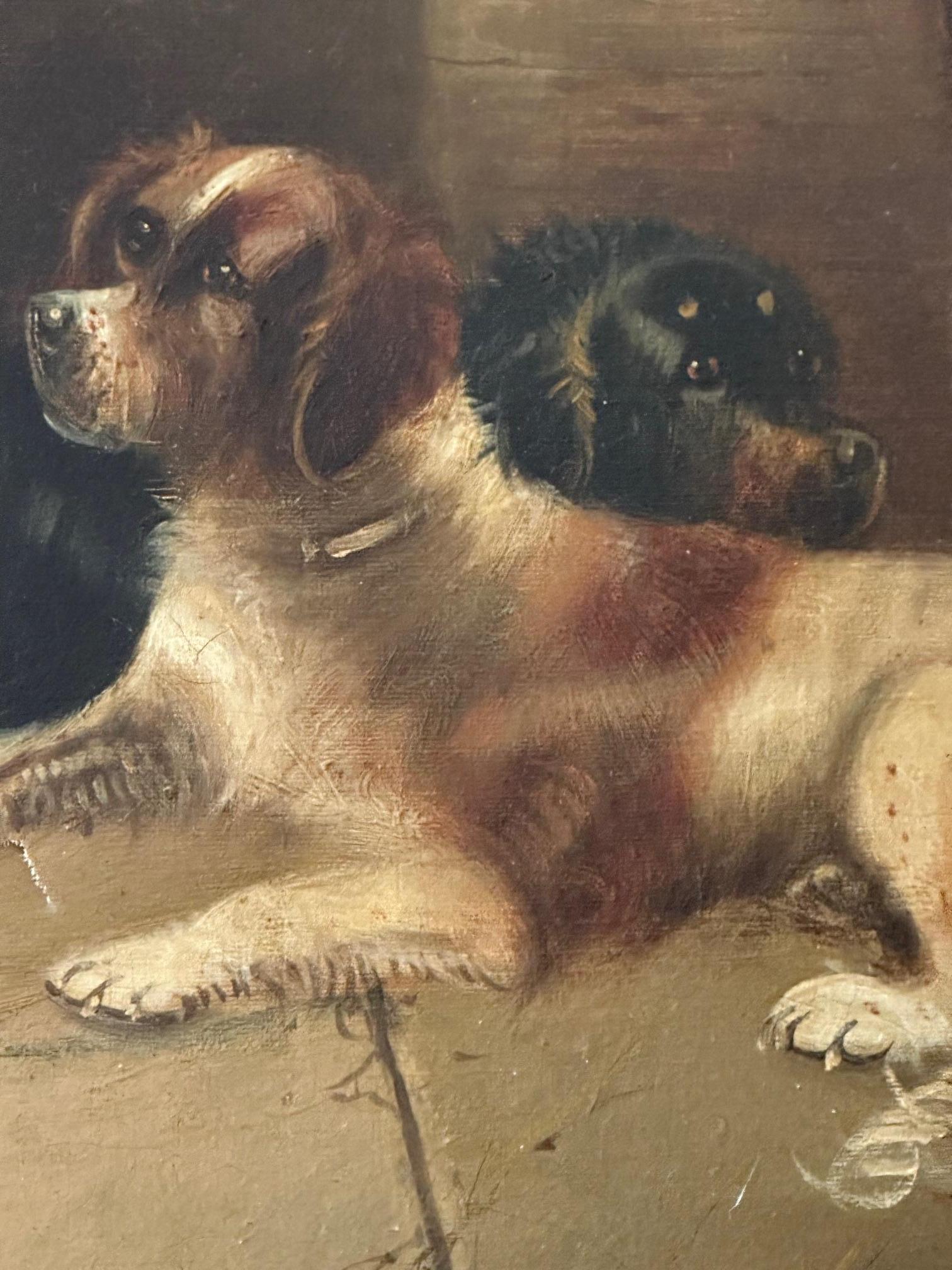 Grande peinture à l'huile anglaise du 19e siècle - Cinq chiens de chasse - signée E. Armfield. en vente 6