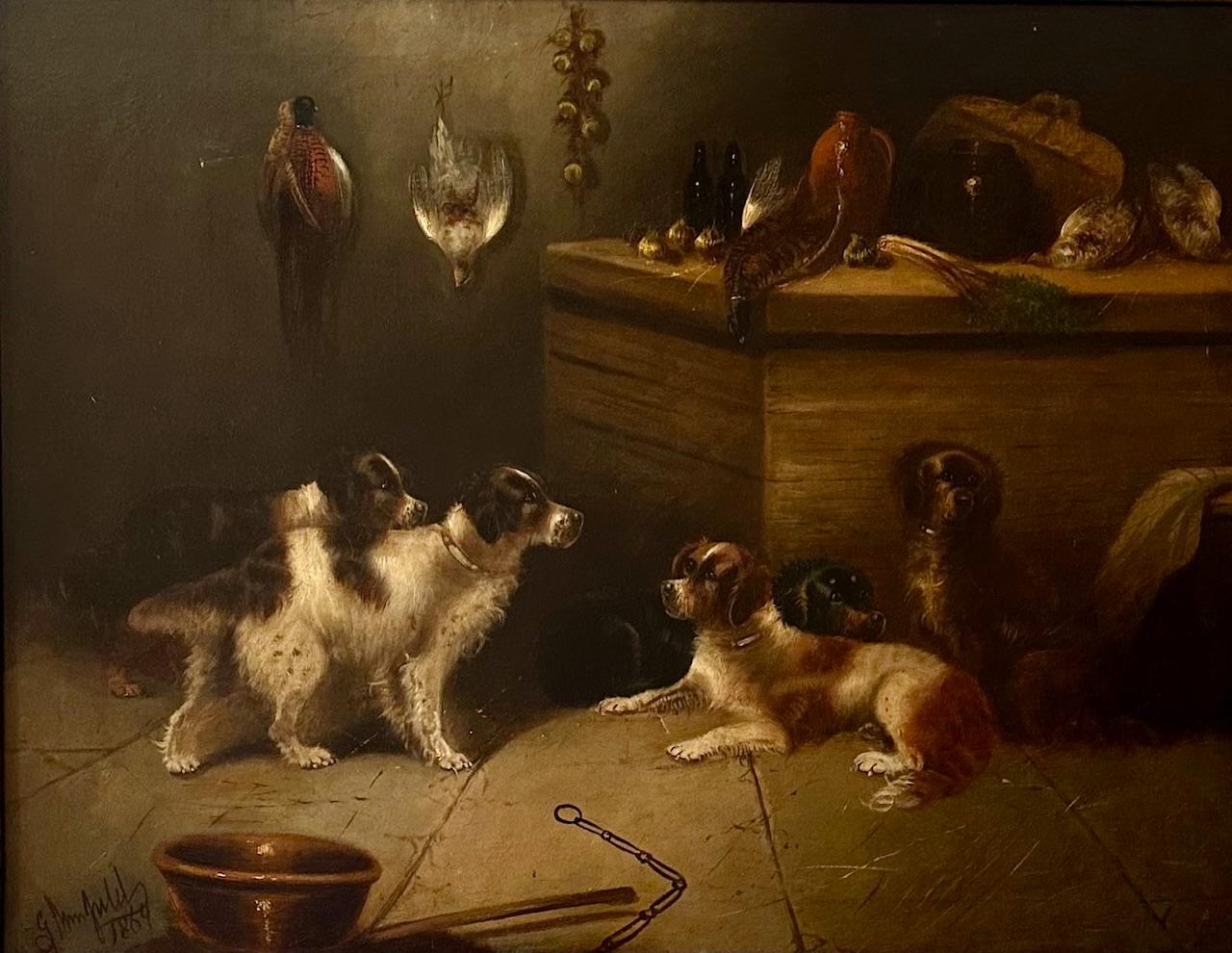Large 19th Century English Oil Painting -Five Hunting Dogs- signed E. Armfield.

Large, signed painting in oil on canvas. This Armfield features five hunting dogs in a rustic interior. The painting is executed in the highest artistic perfection with