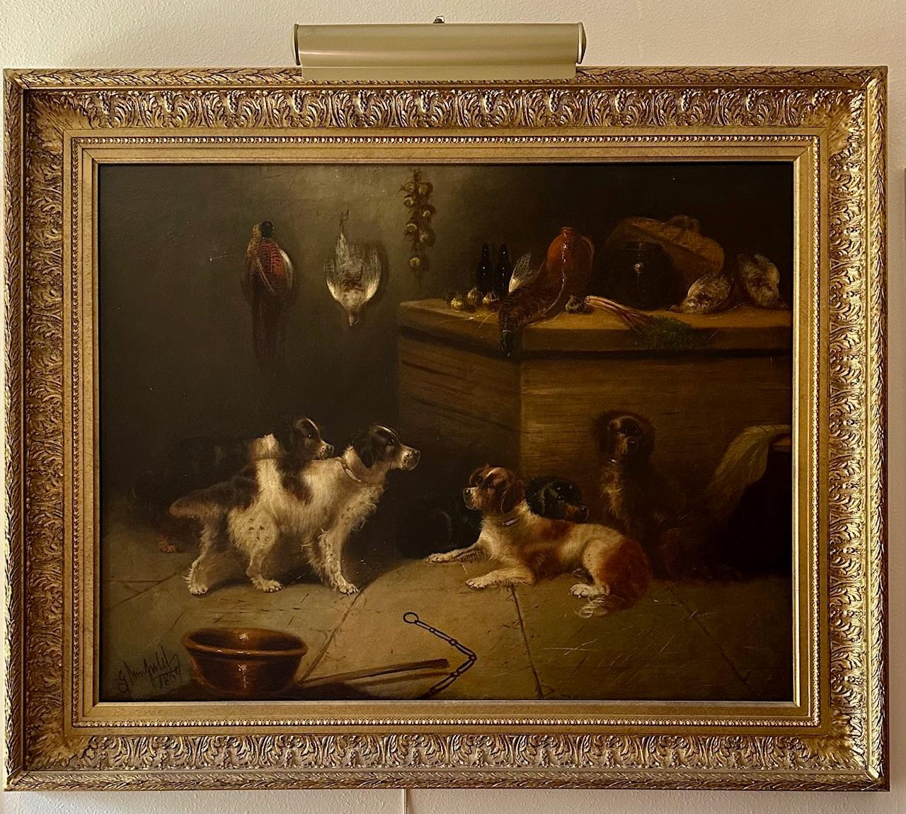 Victorien Grande peinture à l'huile anglaise du 19e siècle - Cinq chiens de chasse - signée E. Armfield. en vente