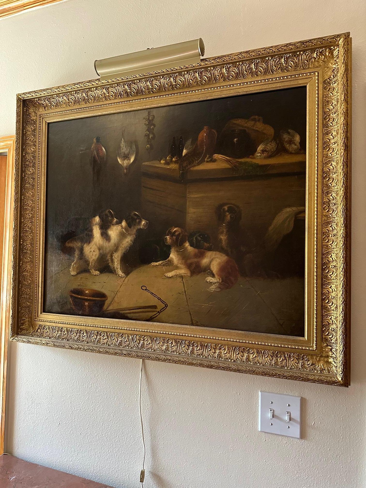 Anglais Grande peinture à l'huile anglaise du 19e siècle - Cinq chiens de chasse - signée E. Armfield. en vente