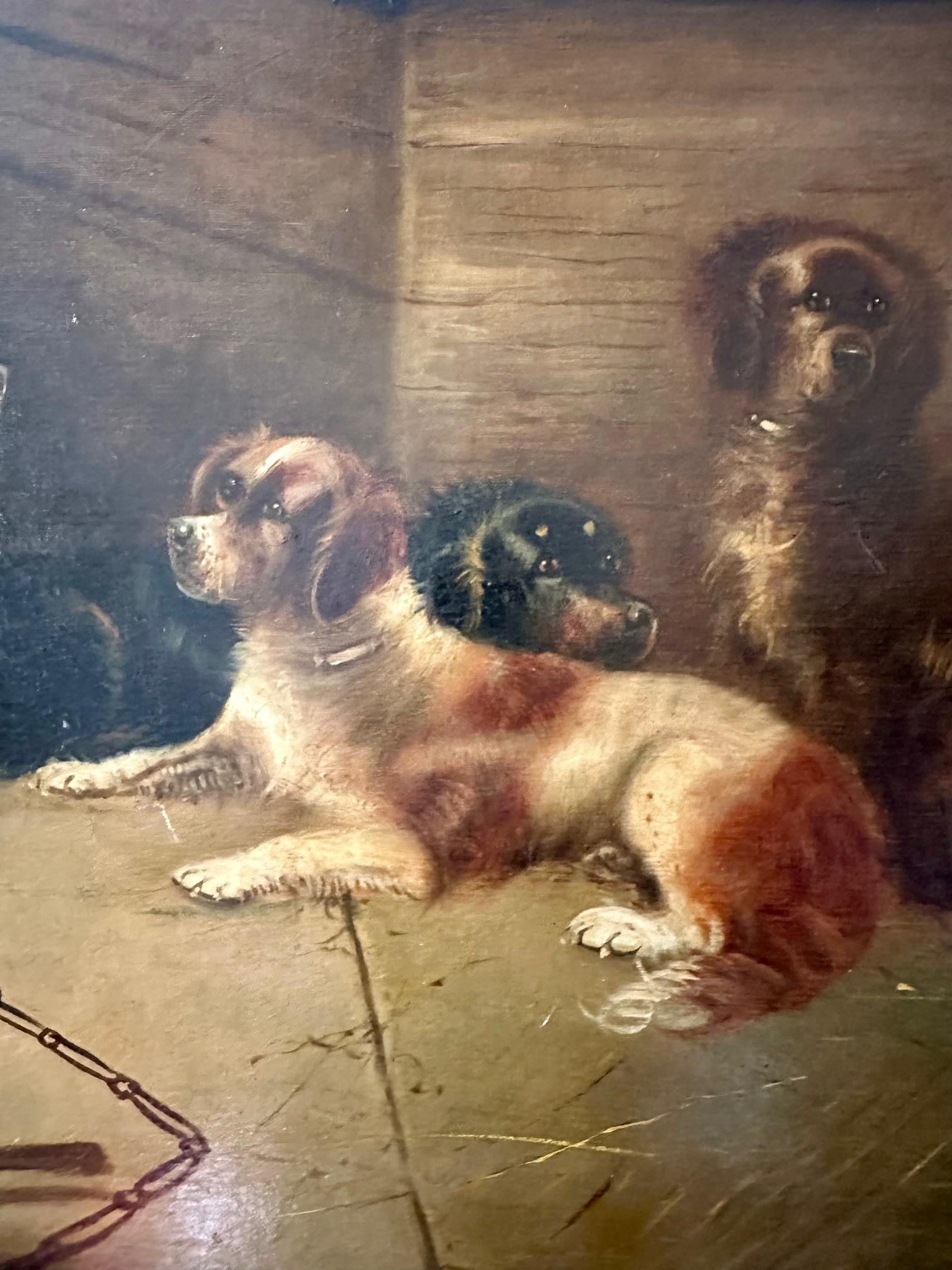 Peint à la main Grande peinture à l'huile anglaise du 19e siècle - Cinq chiens de chasse - signée E. Armfield. en vente