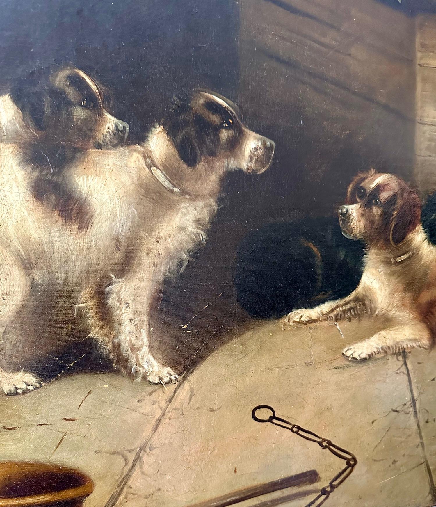 Grande peinture à l'huile anglaise du 19e siècle - Cinq chiens de chasse - signée E. Armfield. Bon état - En vente à Vero Beach, FL