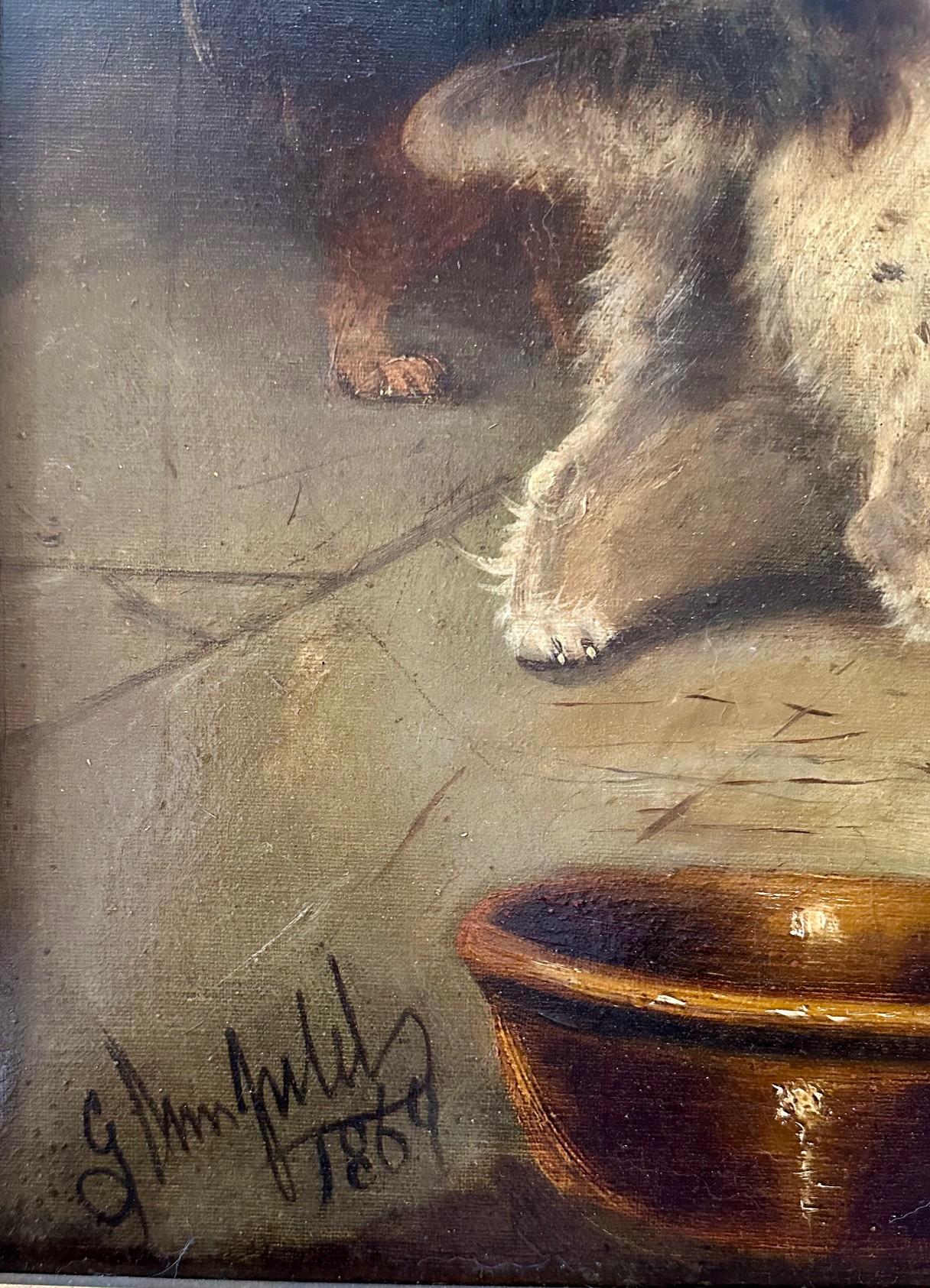 XIXe siècle Grande peinture à l'huile anglaise du 19e siècle - Cinq chiens de chasse - signée E. Armfield. en vente