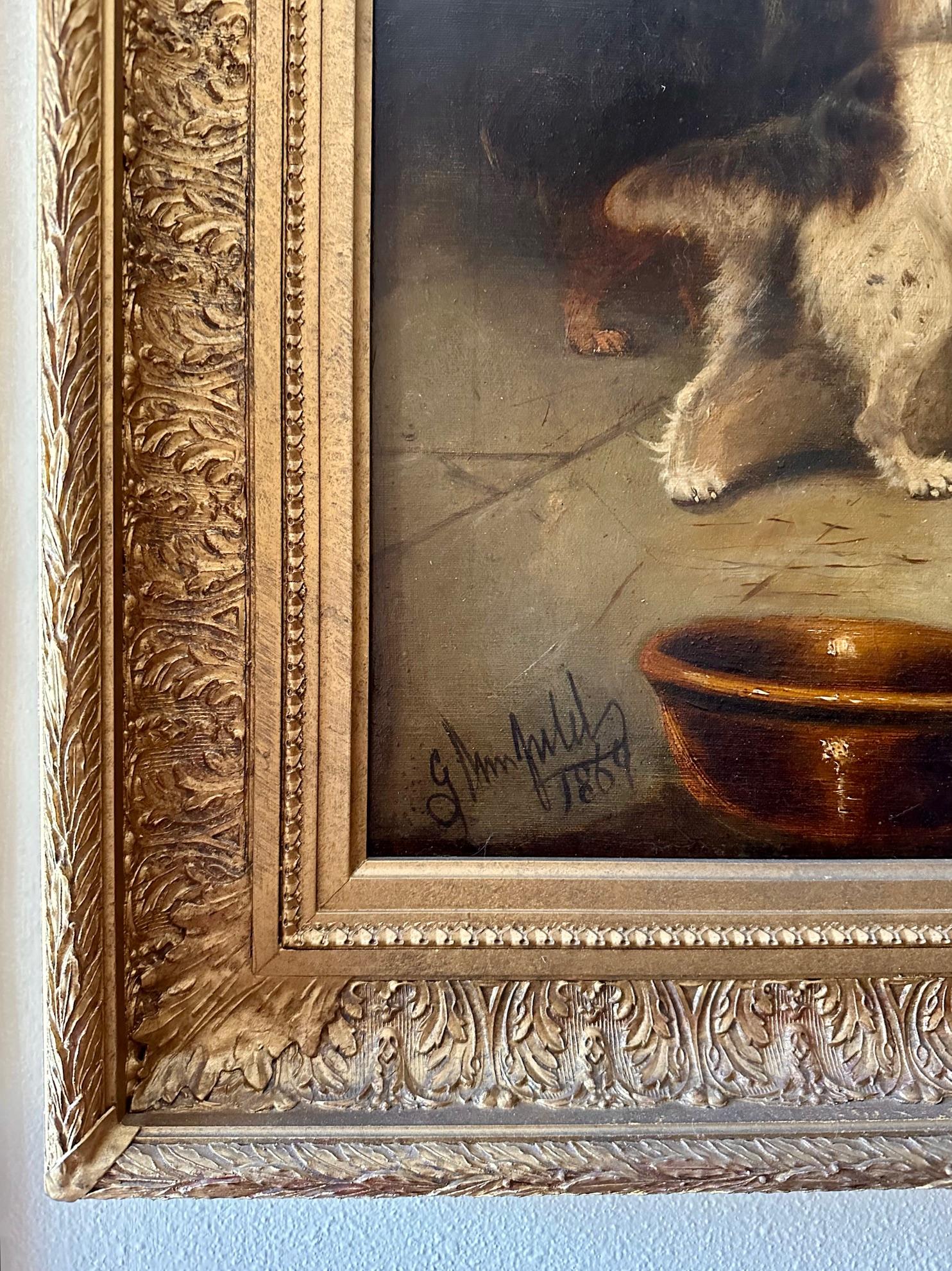 Toile Grande peinture à l'huile anglaise du 19e siècle - Cinq chiens de chasse - signée E. Armfield. en vente