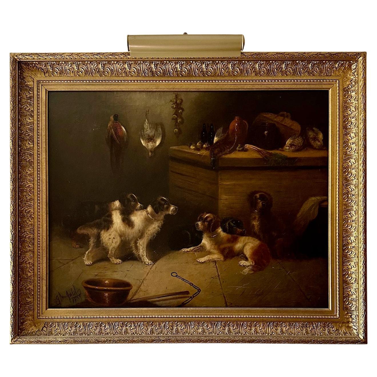 Grande dipinto a olio inglese del XIX secolo -Cinque cani da caccia- firmato E. Armfield.