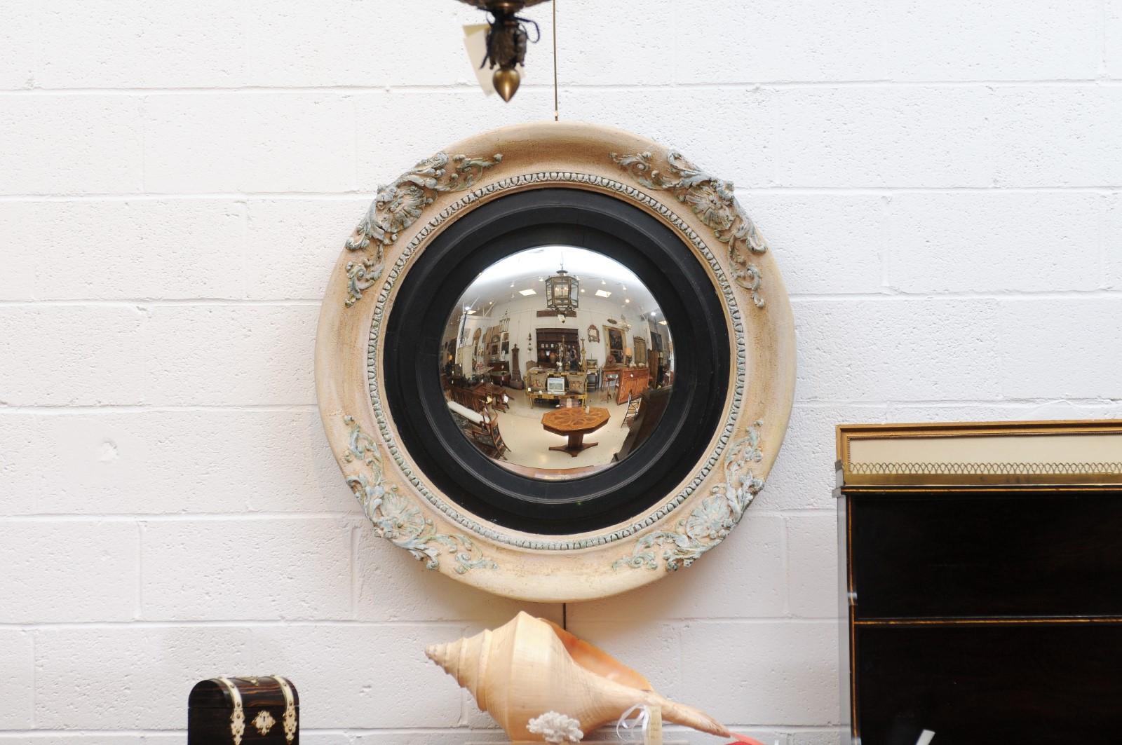 Large 19th Century English Painted Bullseye Mirror with Convex Glass In Good Condition In Atlanta, GA
