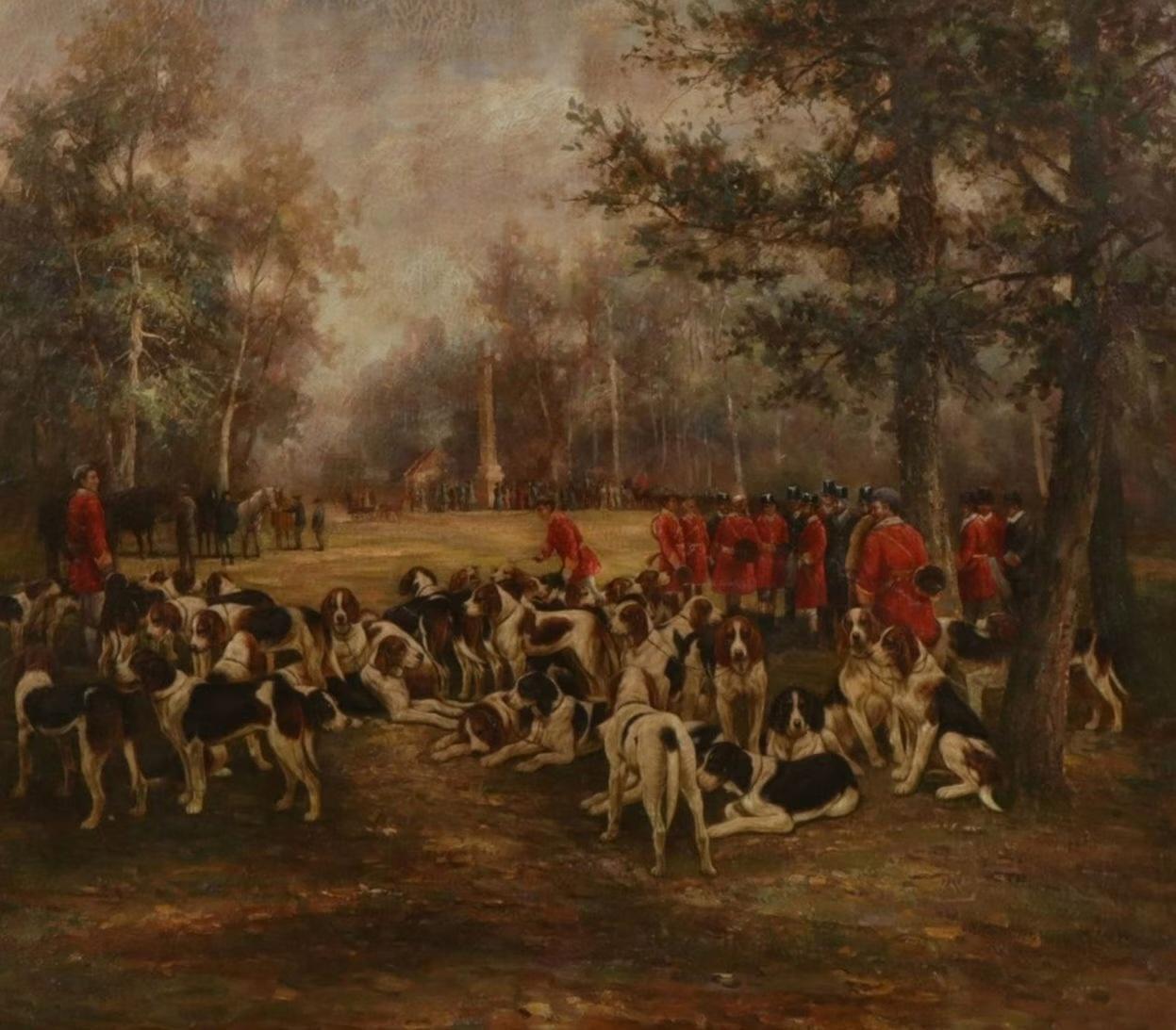 Victorian Large 19th-Century English School Framed Fox Hunt Oil Painting, “The Meet” For Sale