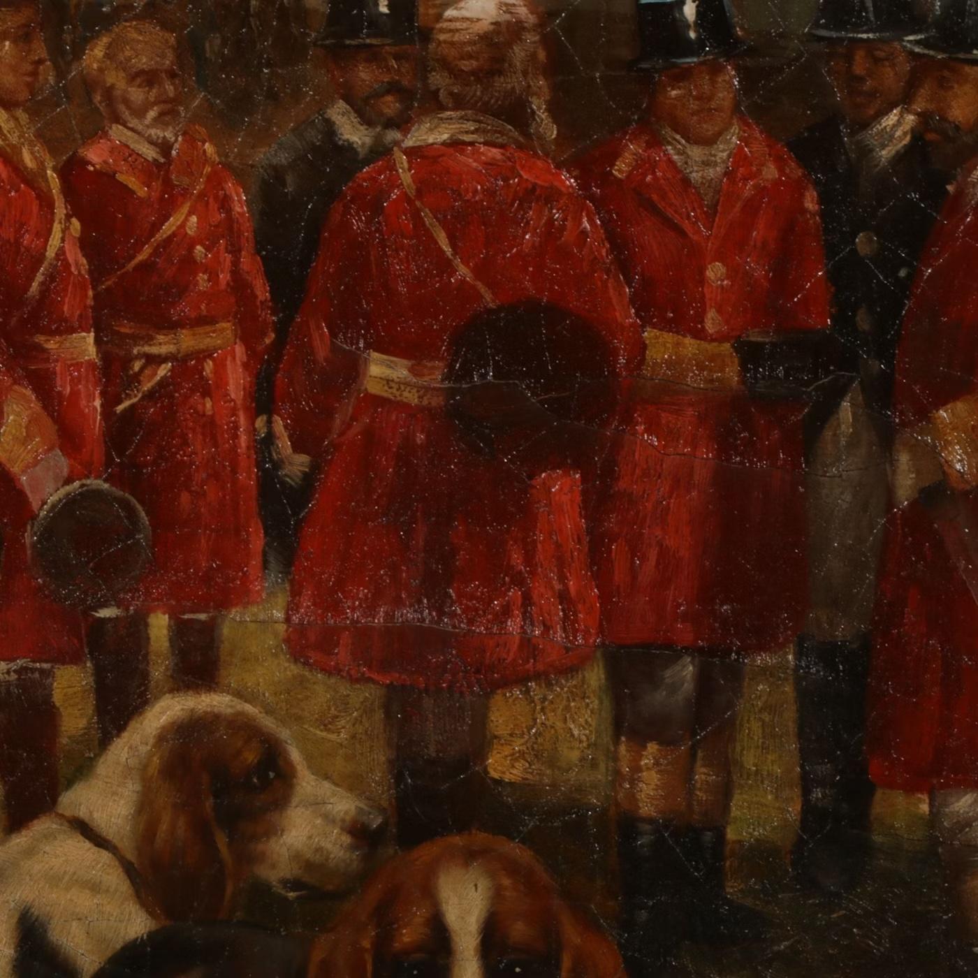 Large 19th-Century English School Framed Fox Hunt Oil Painting, “The Meet” In Good Condition For Sale In Elkhart, IN