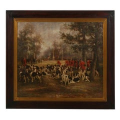Large 19th-Century English School Framed Fox Hunt Oil Painting, “The Meet” Large 19th-Century English School Framed Fox Hunt Oil Painting, “The Meet”