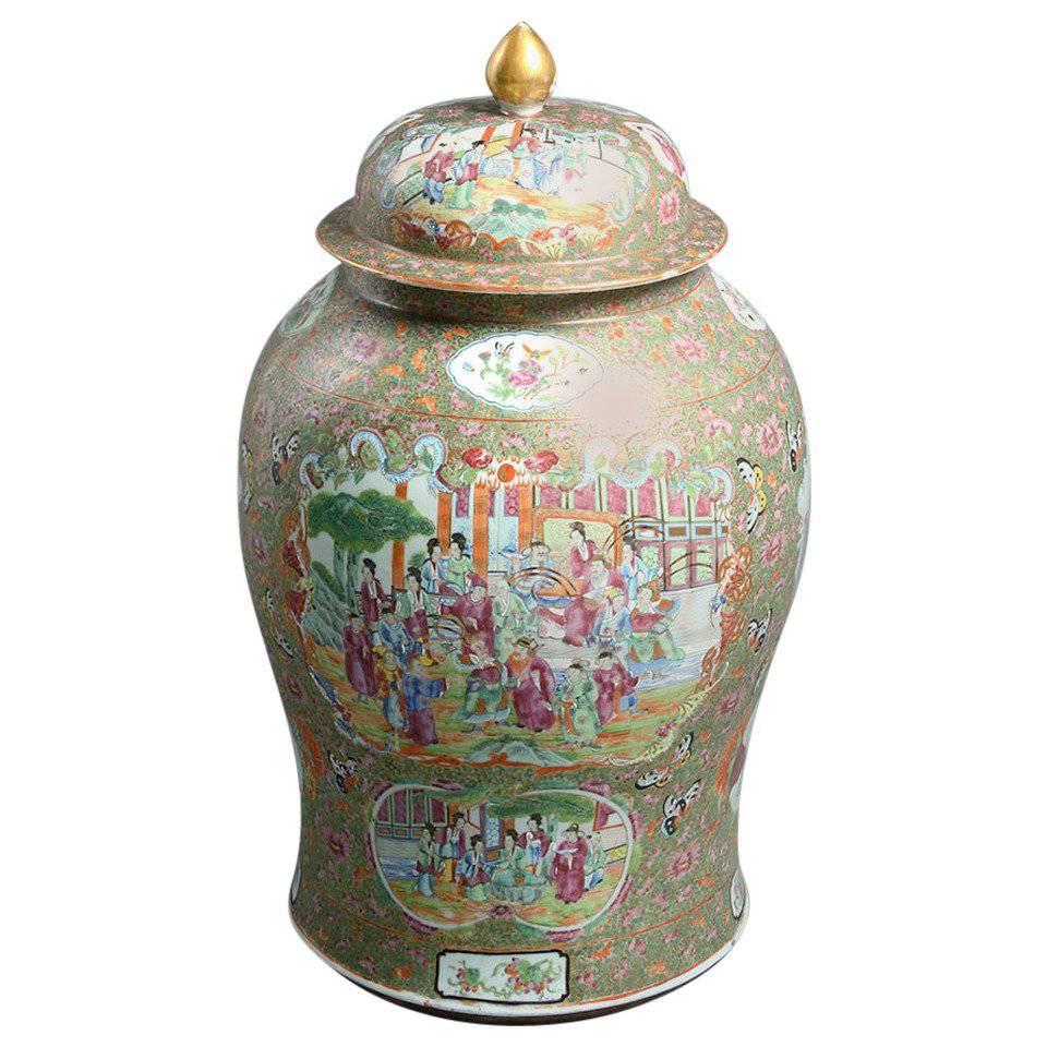 Large 19th Century Famille Rose Canton Floral Porcelain Vase and Cover For Sale