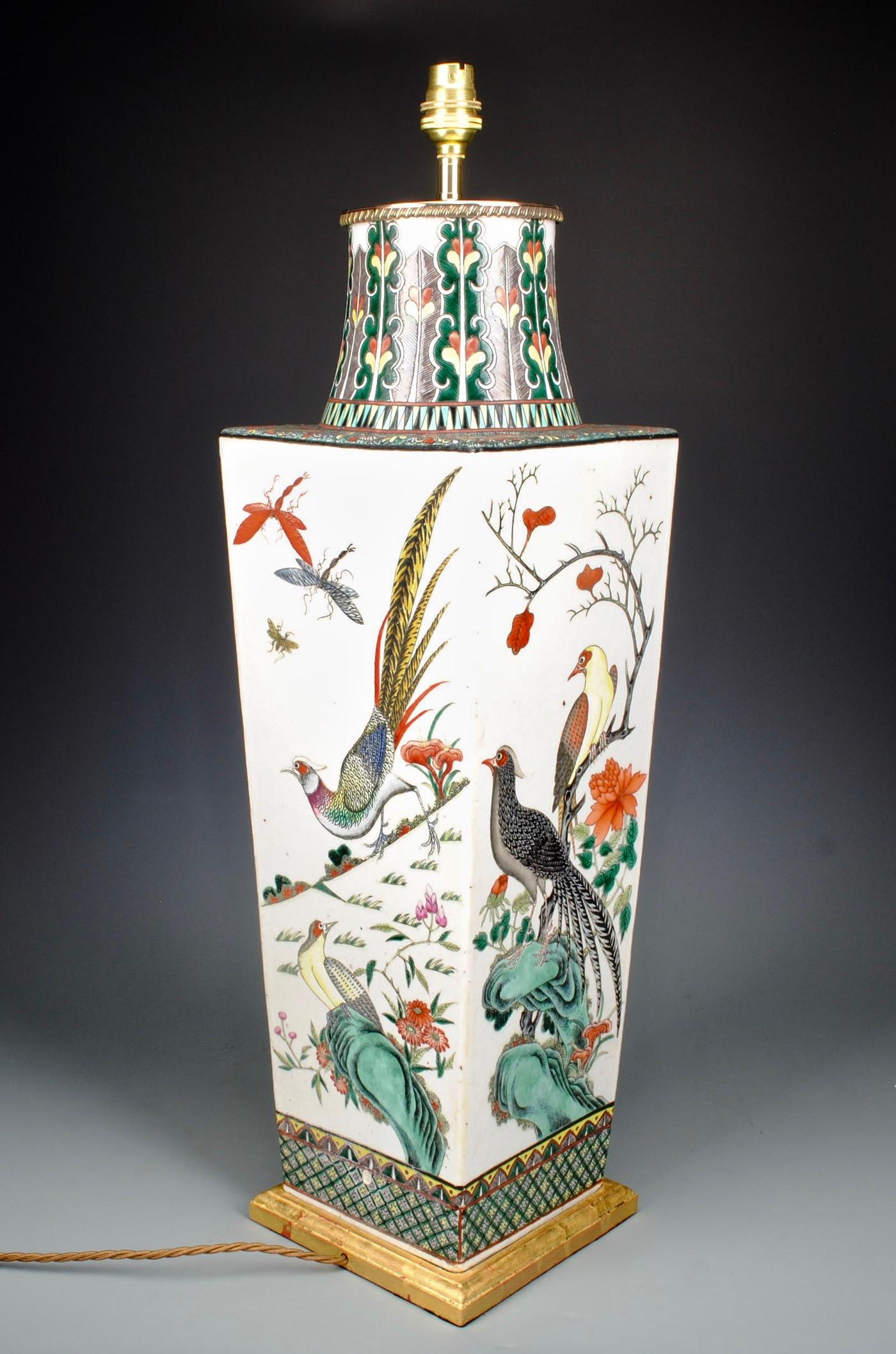 Glazed Large 19th Century Famille Verte Chinese Porcelain Square Antique Table Lamp