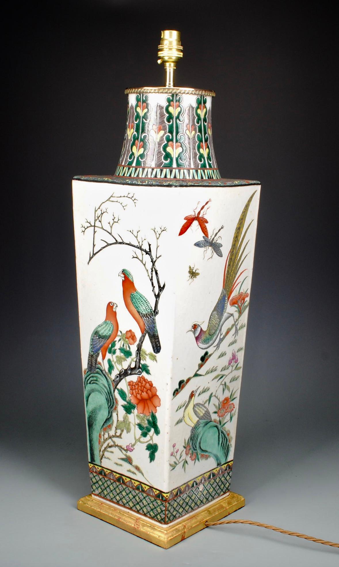 Large 19th Century Famille Verte Chinese Porcelain Square Antique Table Lamp In Good Condition In London, GB