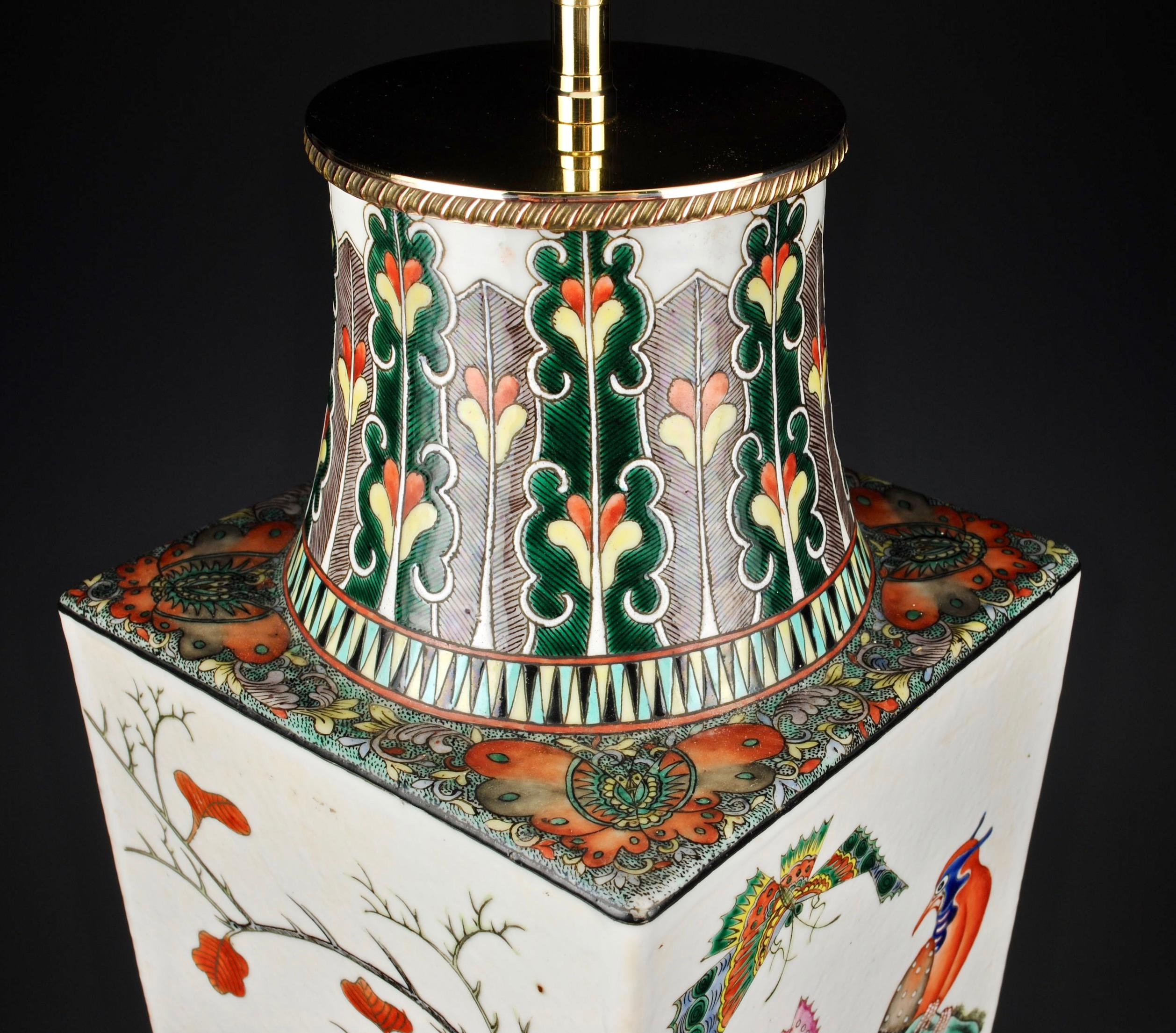 Large 19th Century Famille Verte Chinese Porcelain Square Antique Table Lamp 1