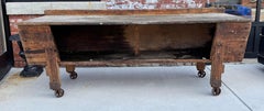 Large 19th Century Farm Style Workbench / Kitchen Island , cast iron wheels