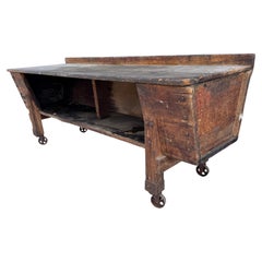 Antique Large 19th Century Farm Style Workbench / Kitchen Island , cast iron wheels