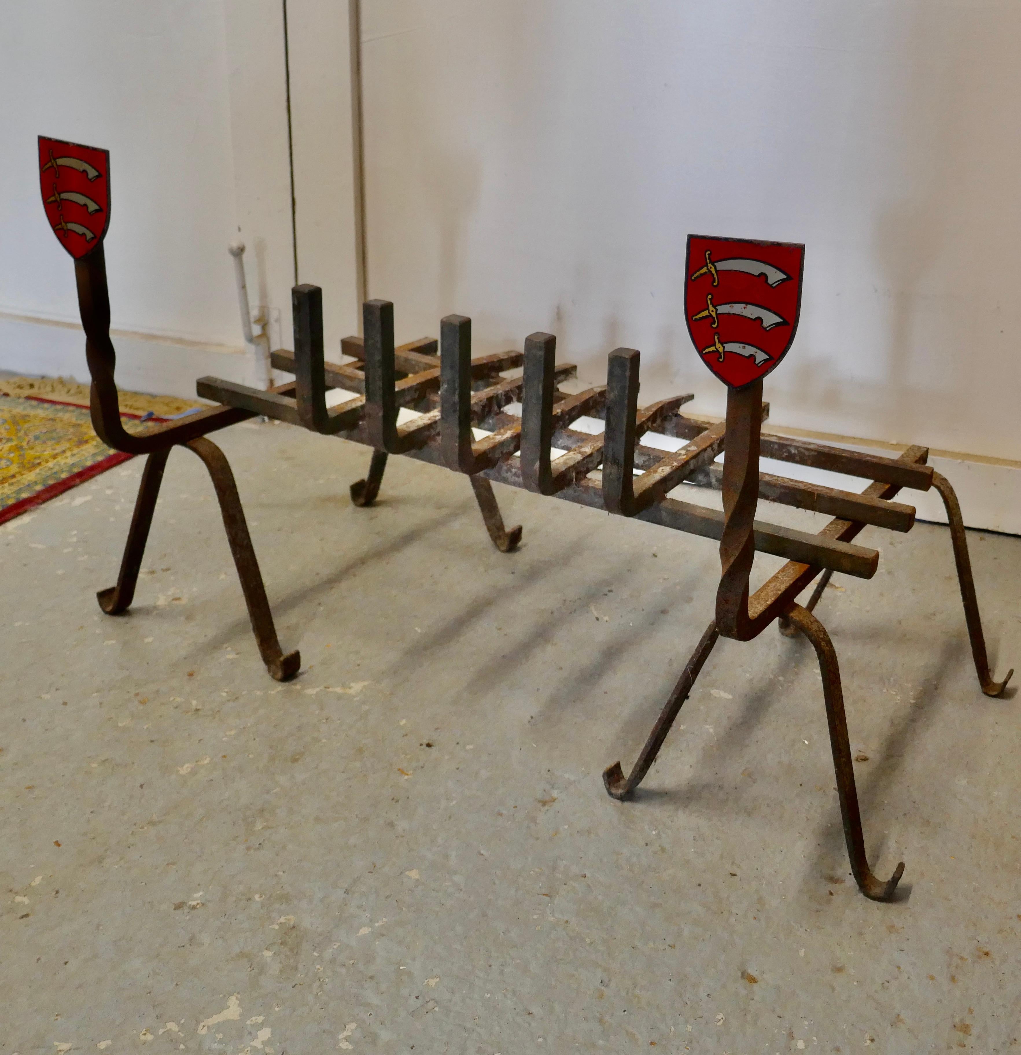 Arts and Crafts Large 19th Century Fire Grate Set with Essex Shield Iron Andirons For Sale
