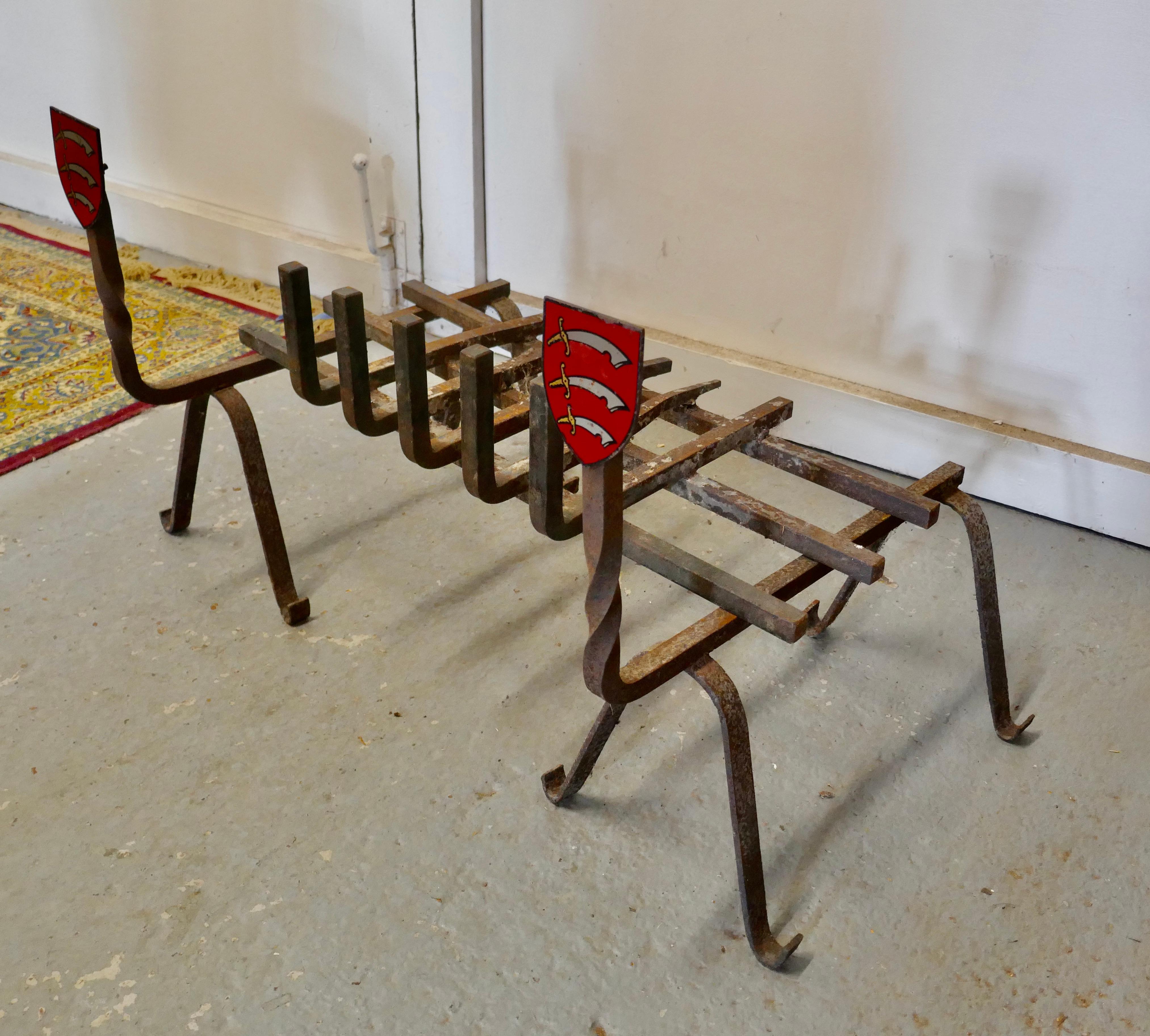 Large 19th Century Fire Grate Set with Essex Shield Iron Andirons For Sale 2