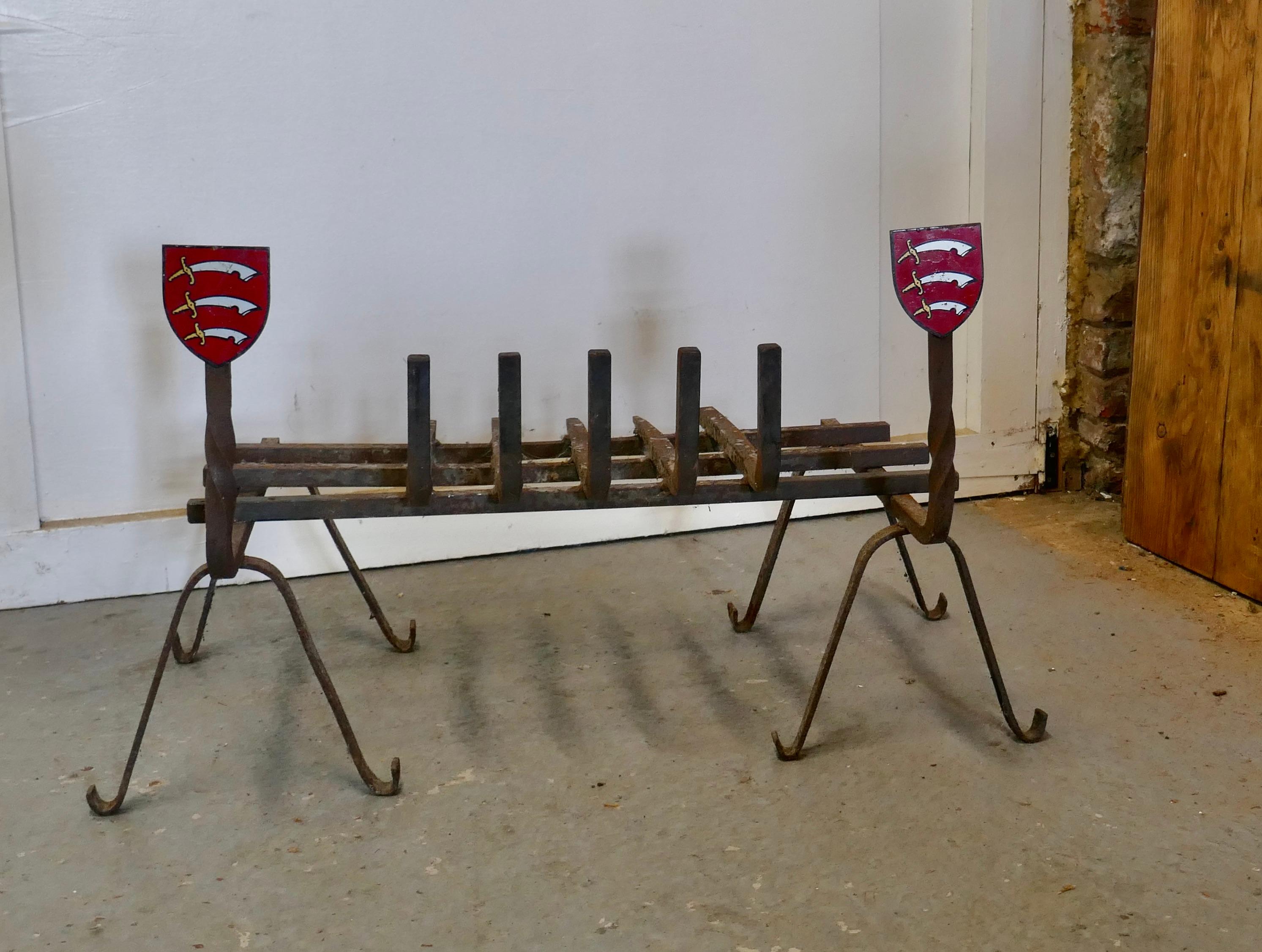 Large 19th Century Fire Grate Set with Essex Shield Iron Andirons For Sale 3