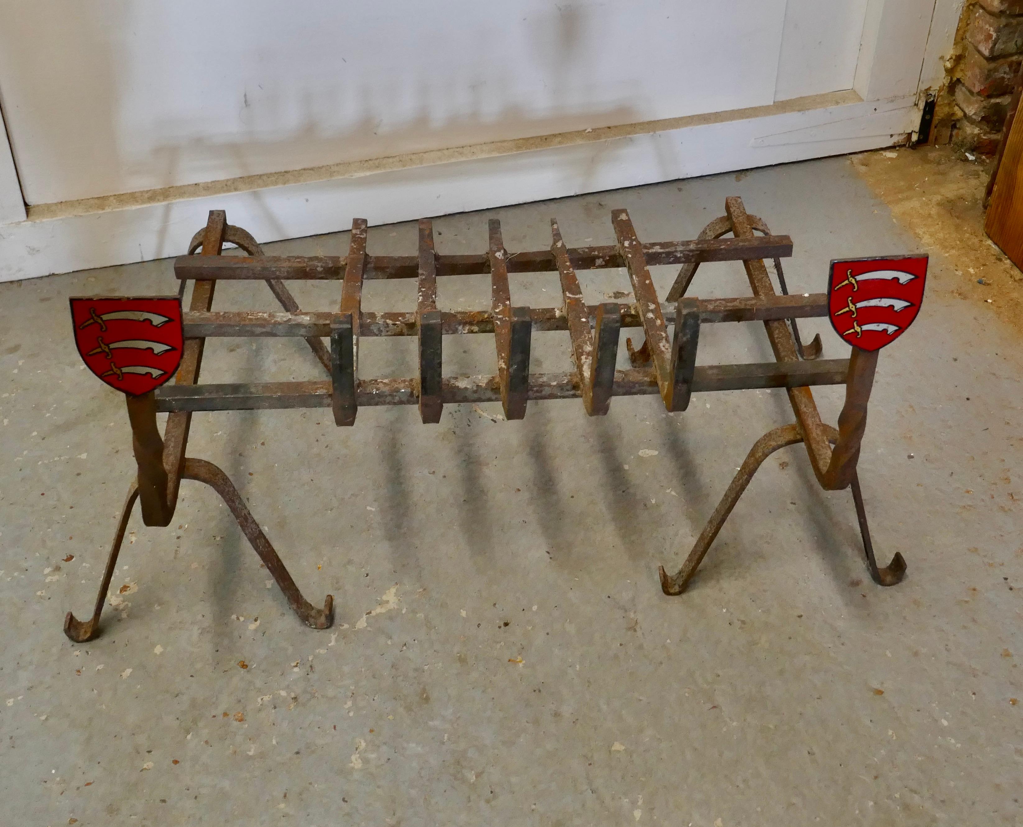Large 19th Century Fire Grate Set with Essex Shield Iron Andirons For Sale 4