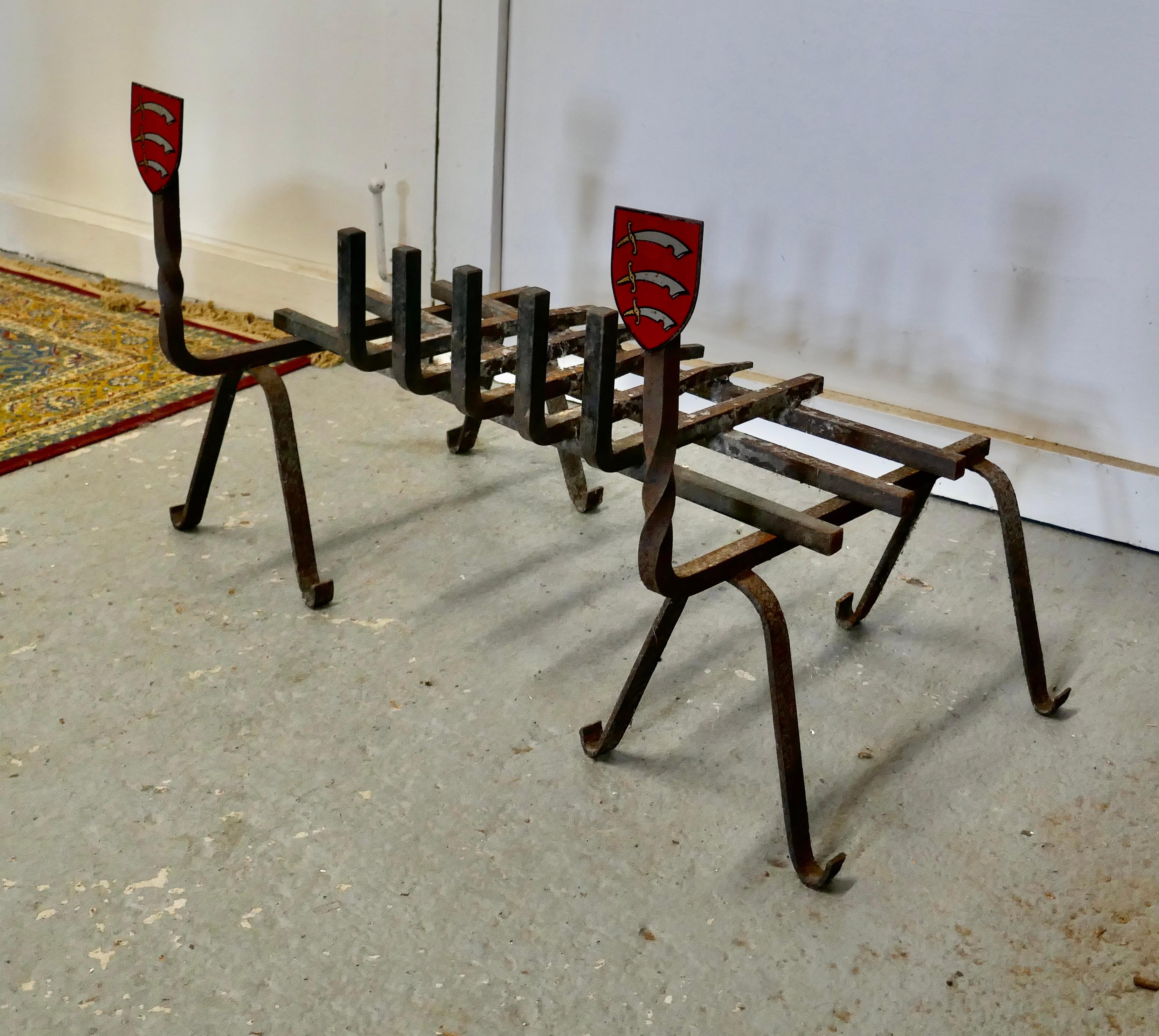 Large 19th Century Fire Grate Set with Essex Shield Iron Andirons For Sale 5