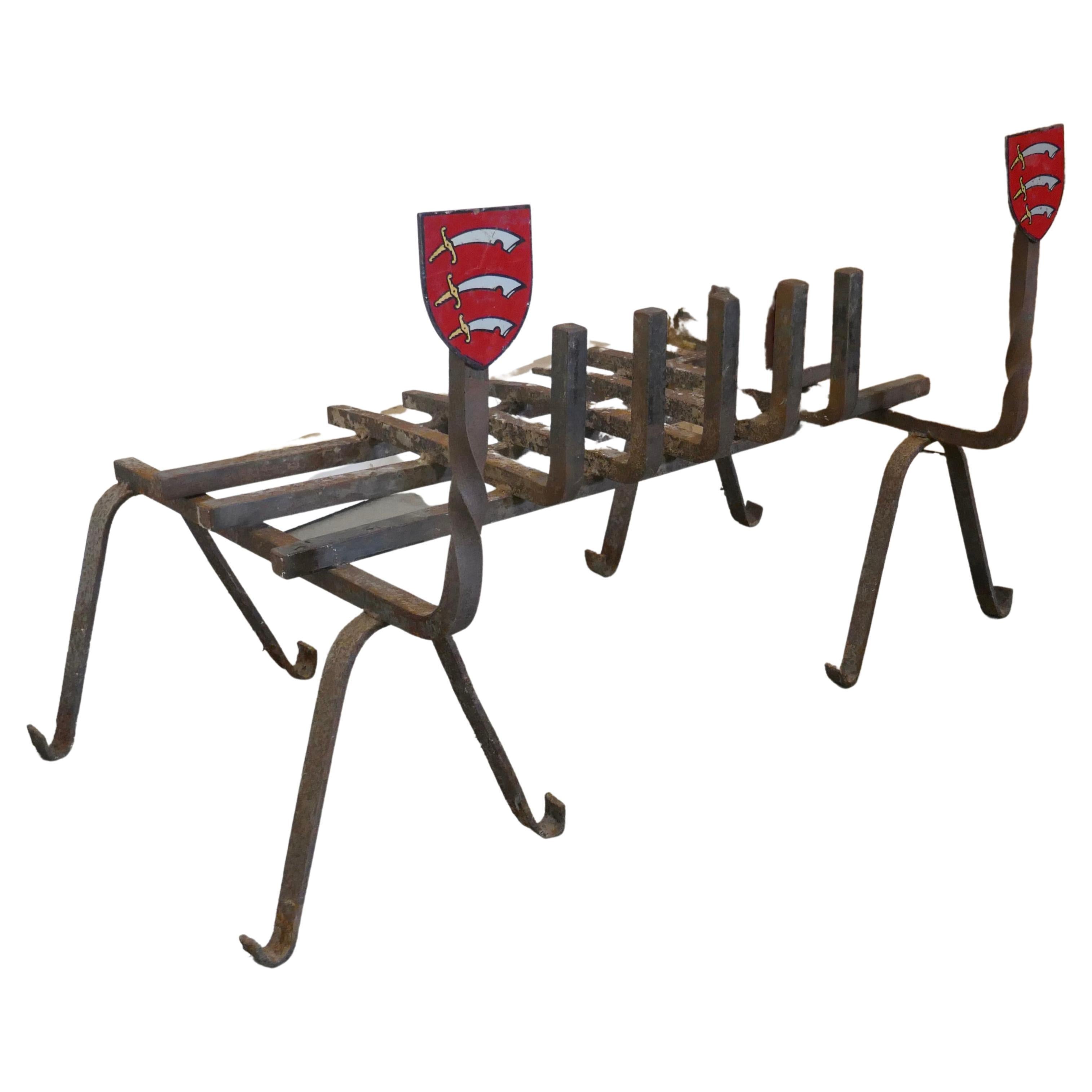 Large 19th Century Fire Grate Set with Essex Shield Iron Andirons For Sale