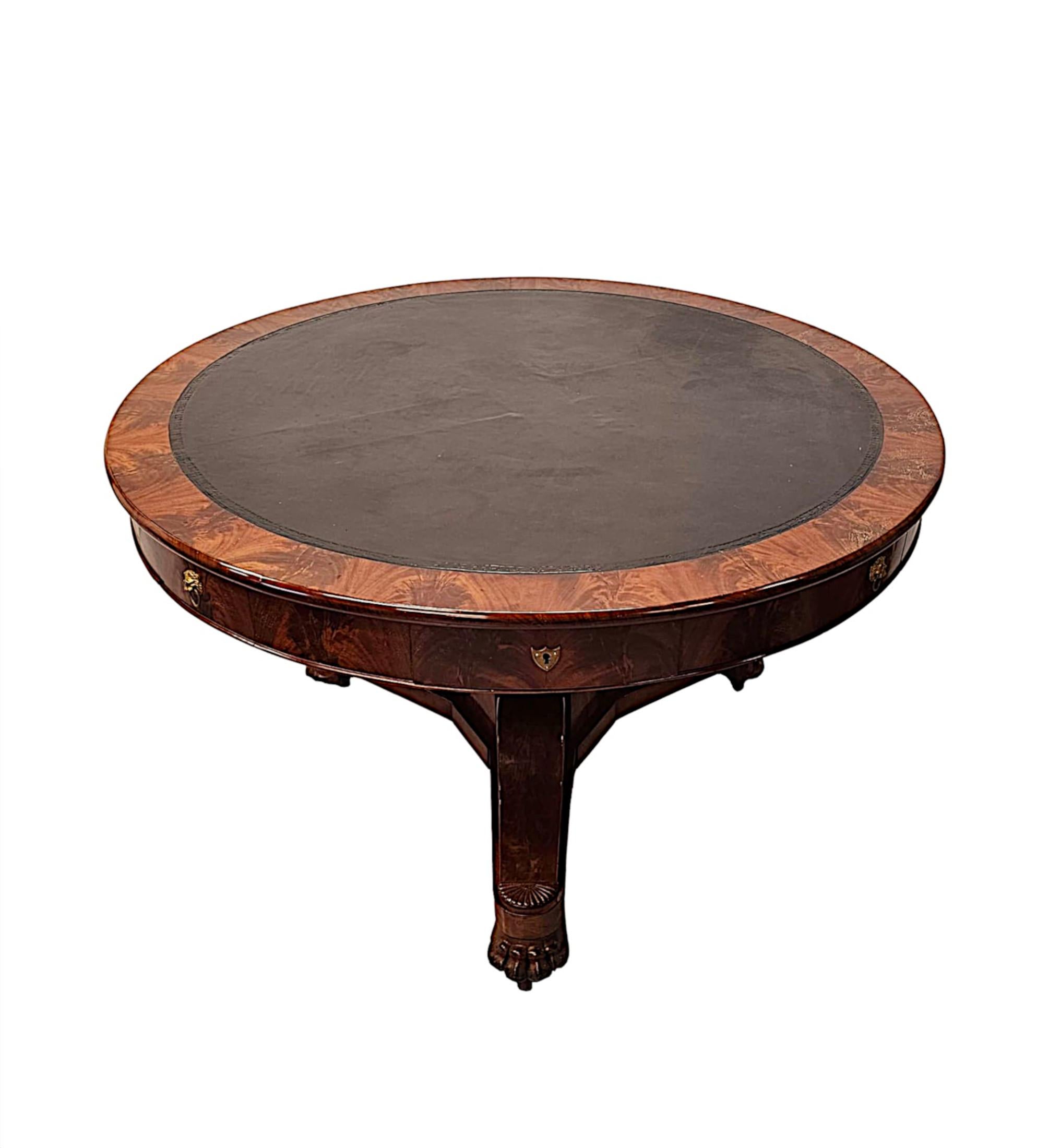 English Large 19th Century Flame Mahogany Leather Top Drum Centre Table For Sale