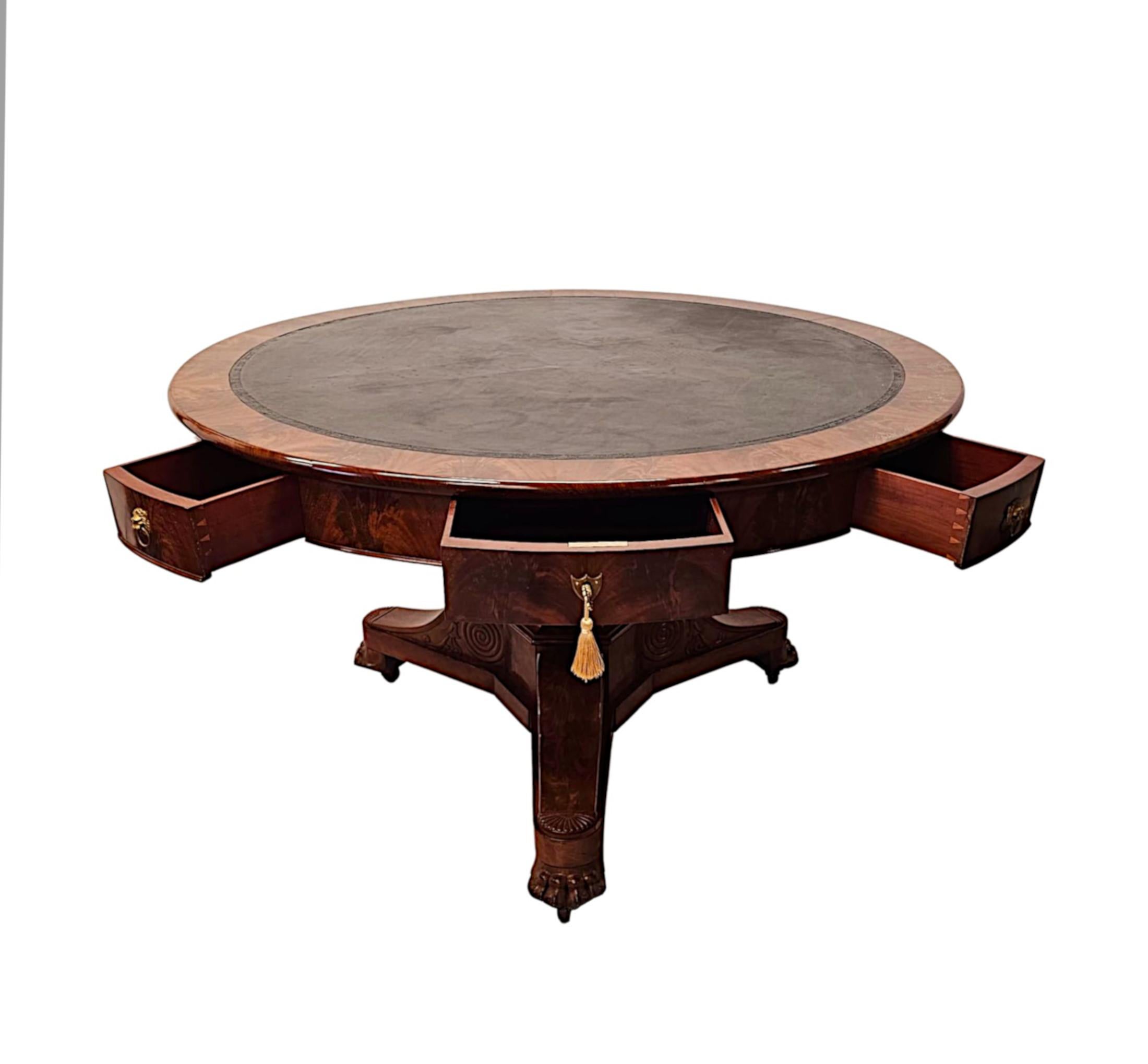 Large 19th Century Flame Mahogany Leather Top Drum Centre Table In Good Condition For Sale In Dublin, IE
