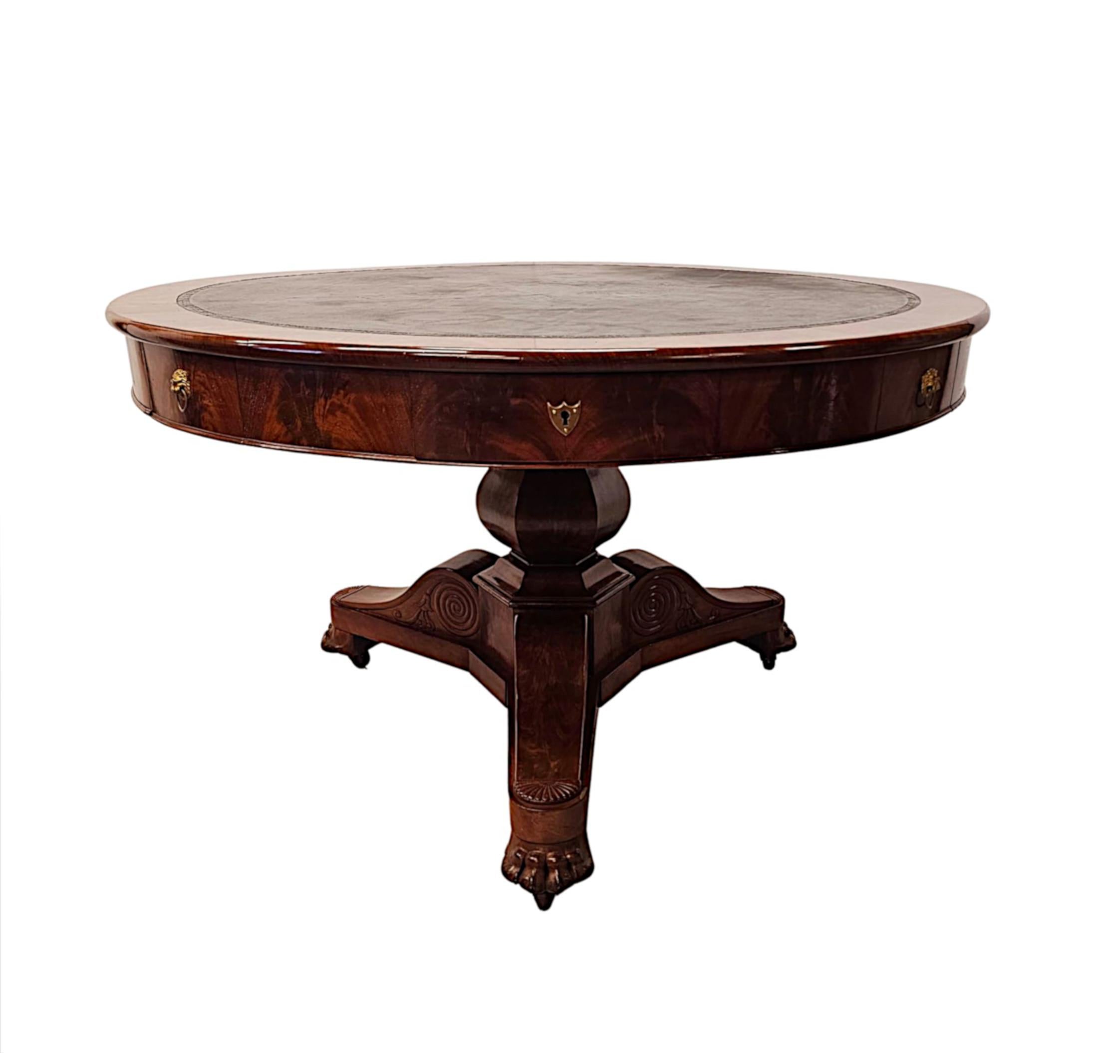 Brass Large 19th Century Flame Mahogany Leather Top Drum Centre Table For Sale