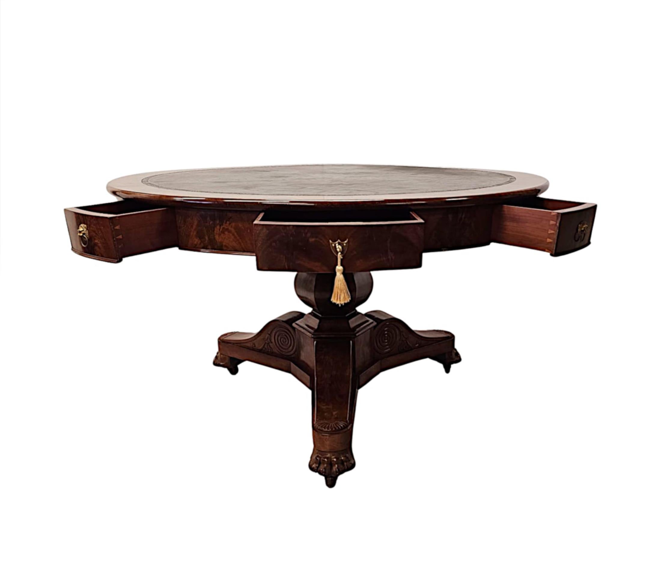 Large 19th Century Flame Mahogany Leather Top Drum Centre Table For Sale 1