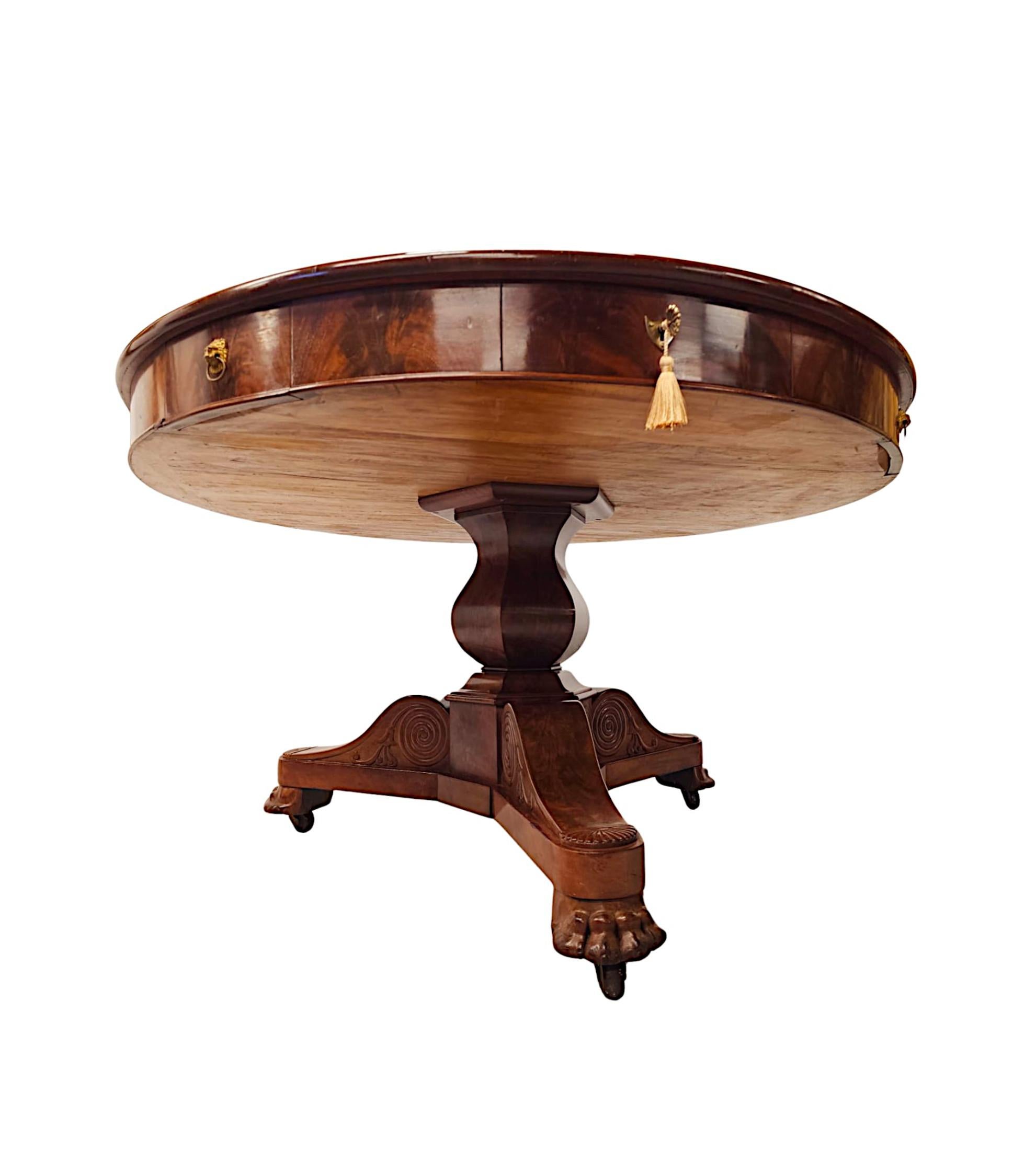 Large 19th Century Flame Mahogany Leather Top Drum Centre Table For Sale 2