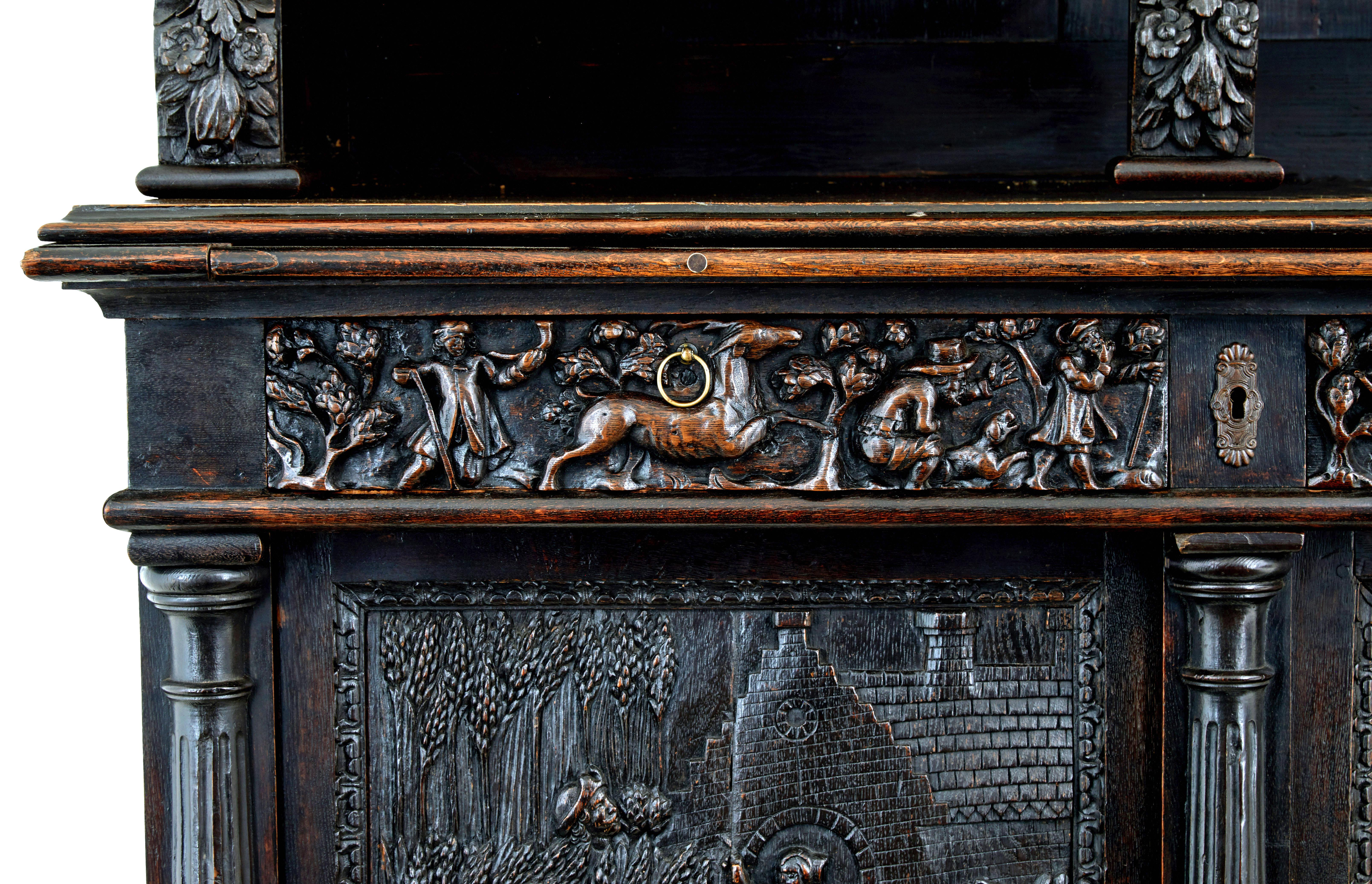 Large 19th Century Flemish Carved Oak Cabinet For Sale 1
