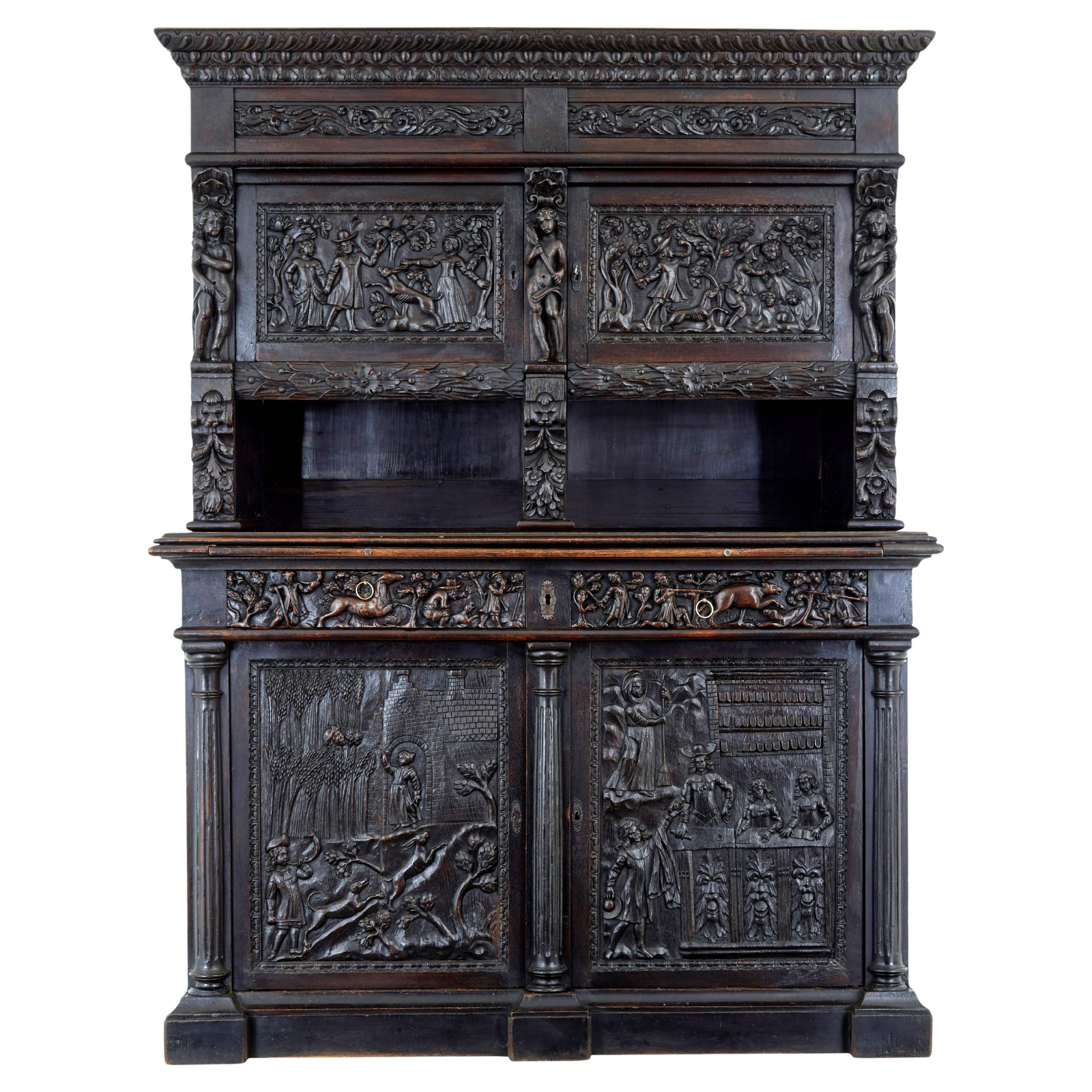 Large 19th century Flemish carved oak cabinet For Sale